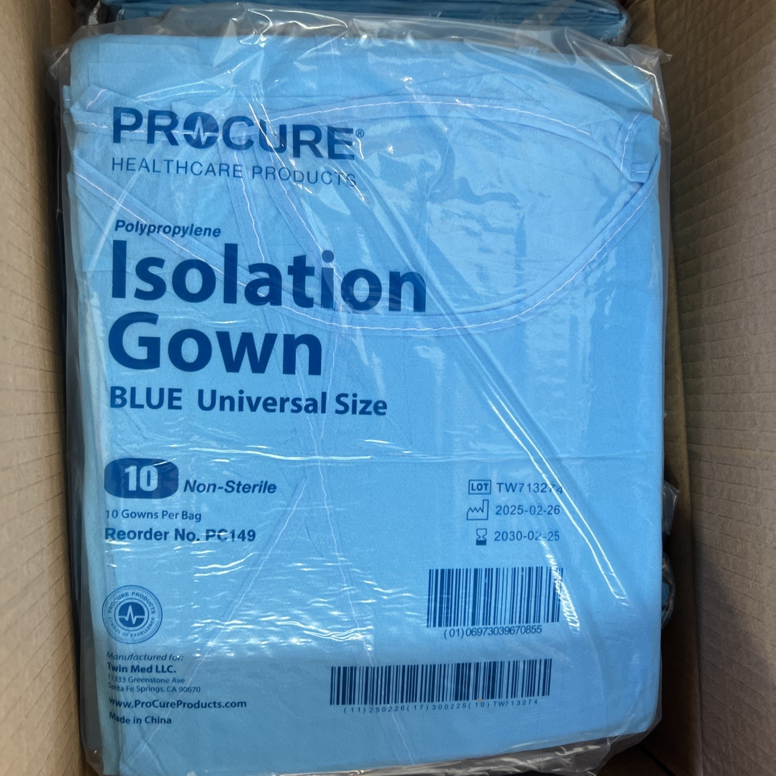 Case Of 100 ProCure Isolation Gown Blue. PC149 Non Sterile Exp. 2/2030 Universal