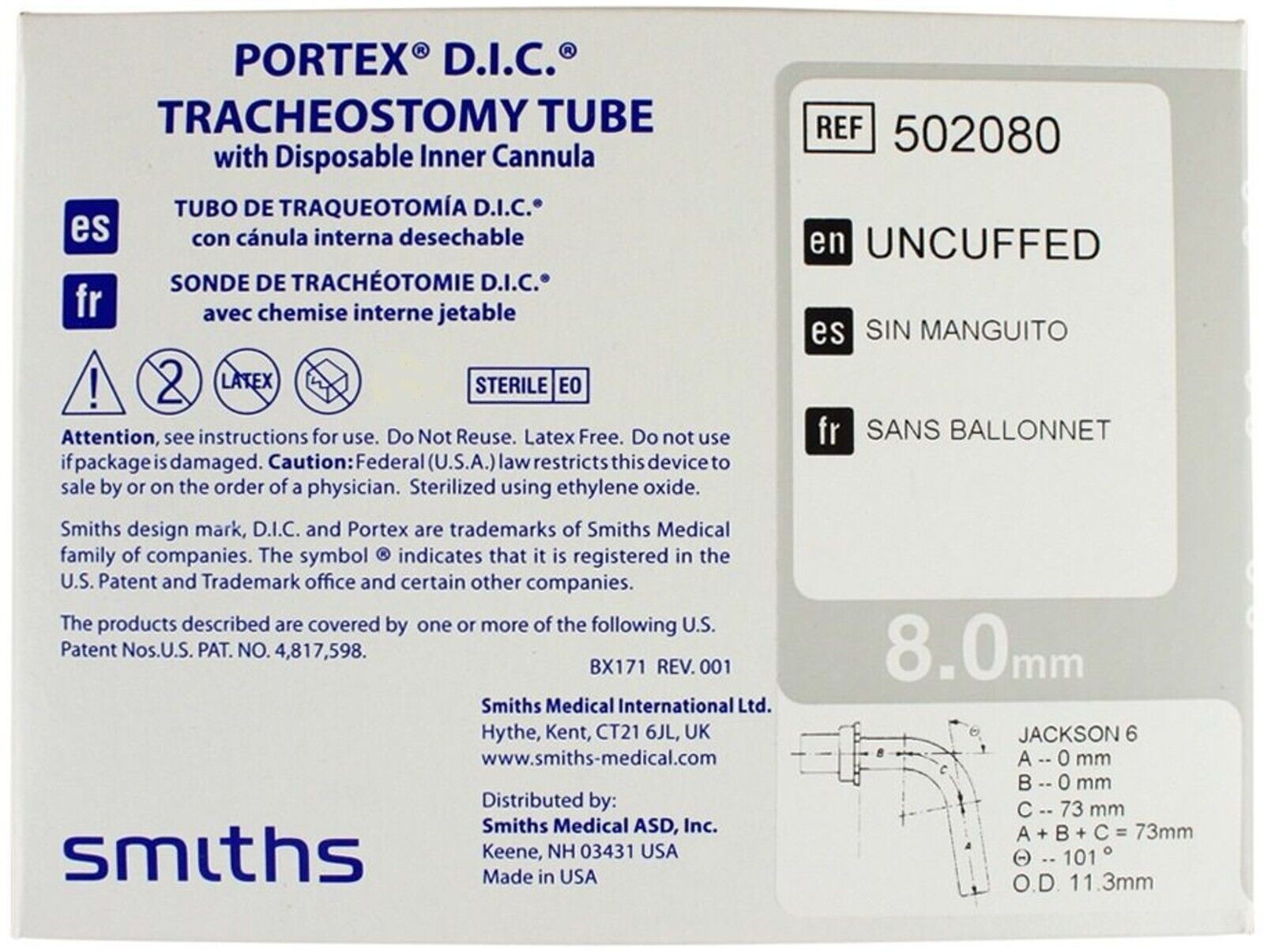 *1-Box* Smiths Protex D.I.C. Tube Uncuffed 8.0 mm Cannula 502080