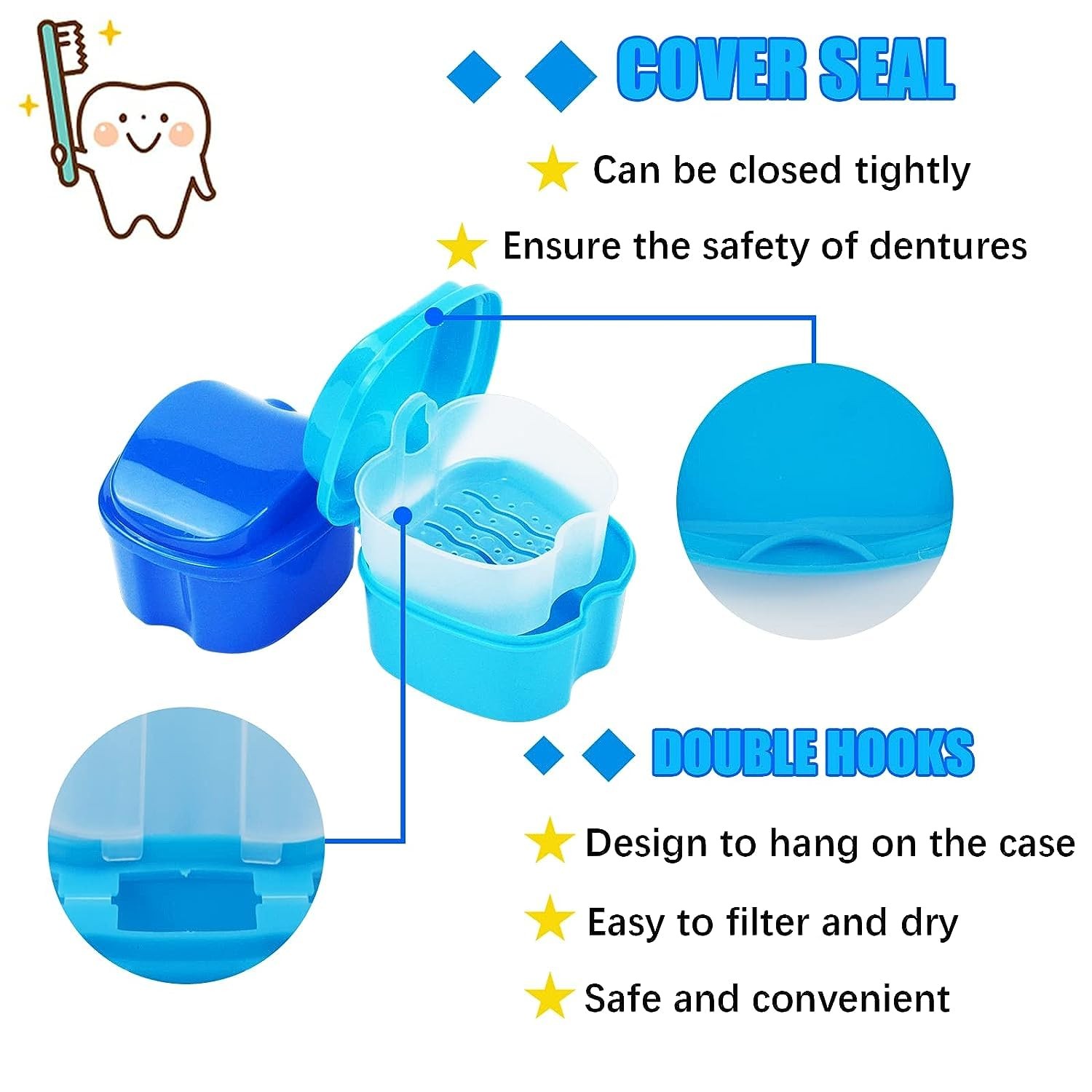 11 Pcs Denture Case Kit, 2 Retainer Holder Boxes with Drainage Design, 2 Blue