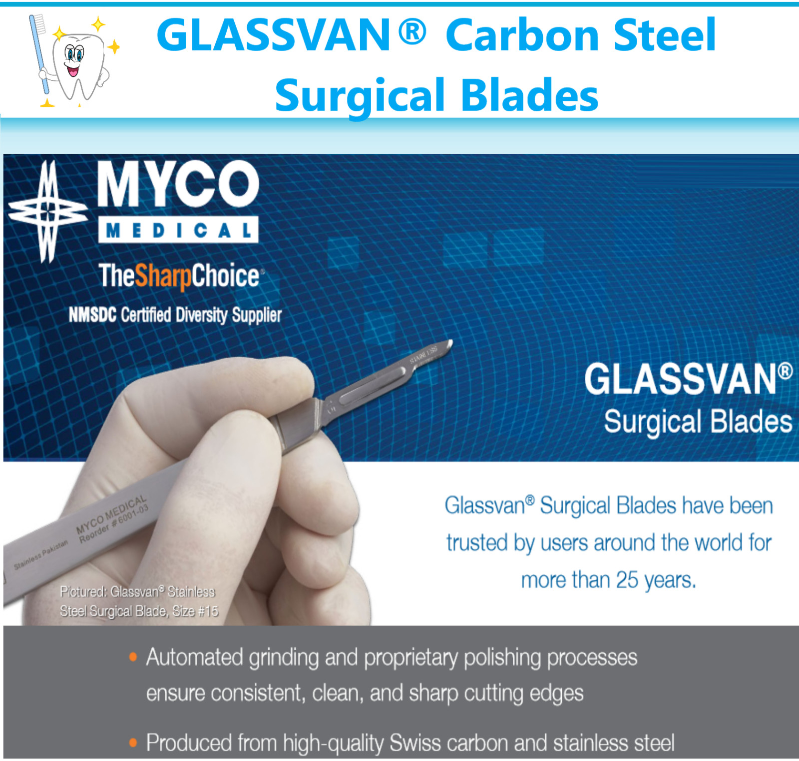 Dental GLASSVAN® Carbon Steel Surgical Blades 2001T-70GV Myco GLASSVAN #70 Blade
