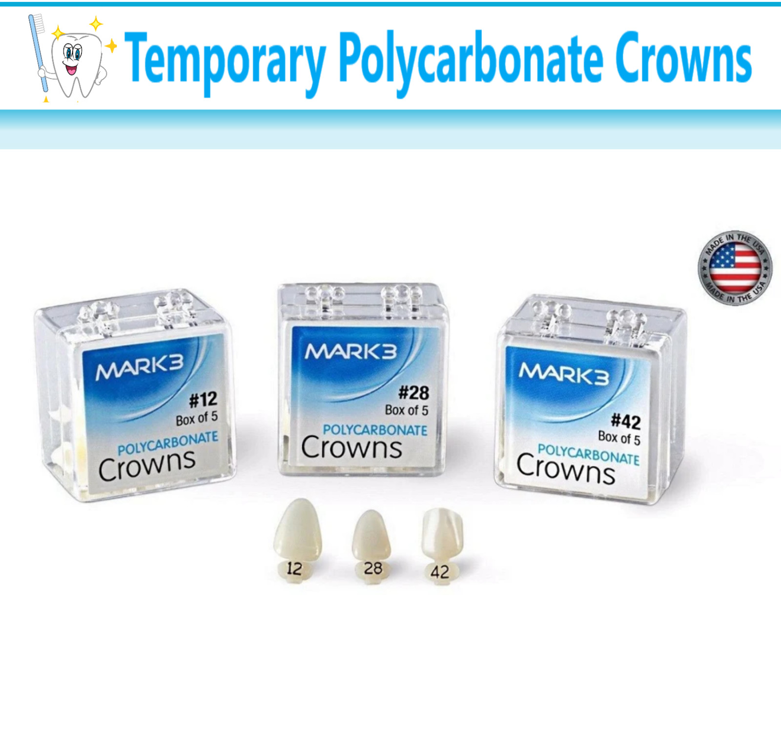 Dental Universal Polycarbonate Crowns, for anterior & bicuspid teeth, Clear 5/pk