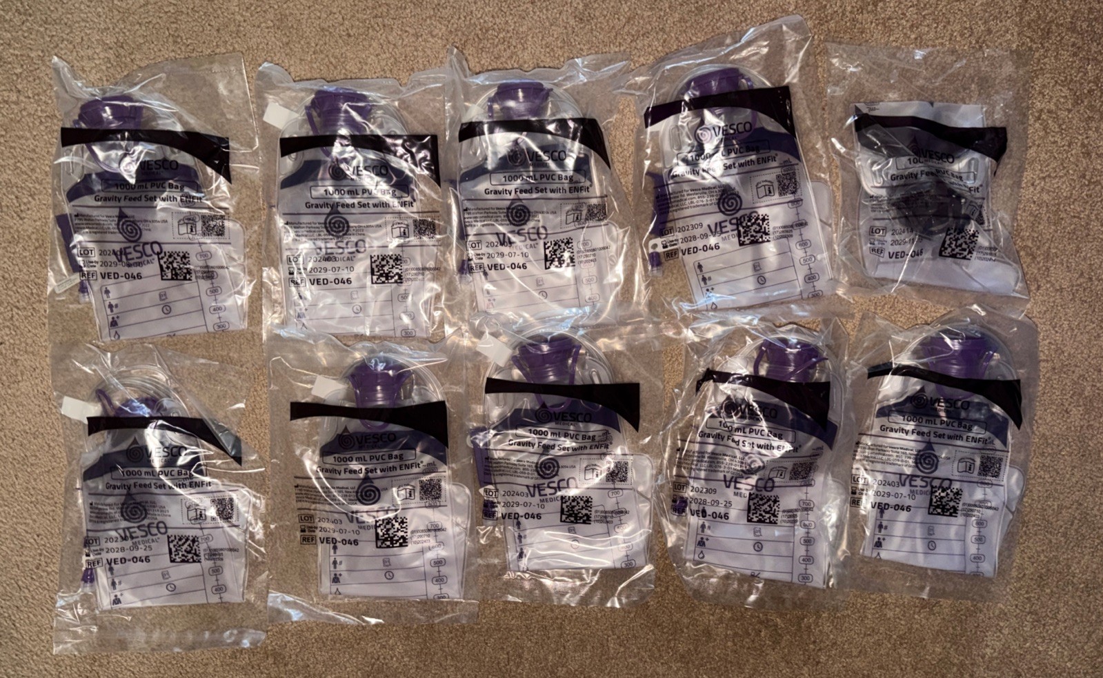 (10) VESCO VED-046 Enteral Gravity Feed Lot with ENFit Connection 1000ml