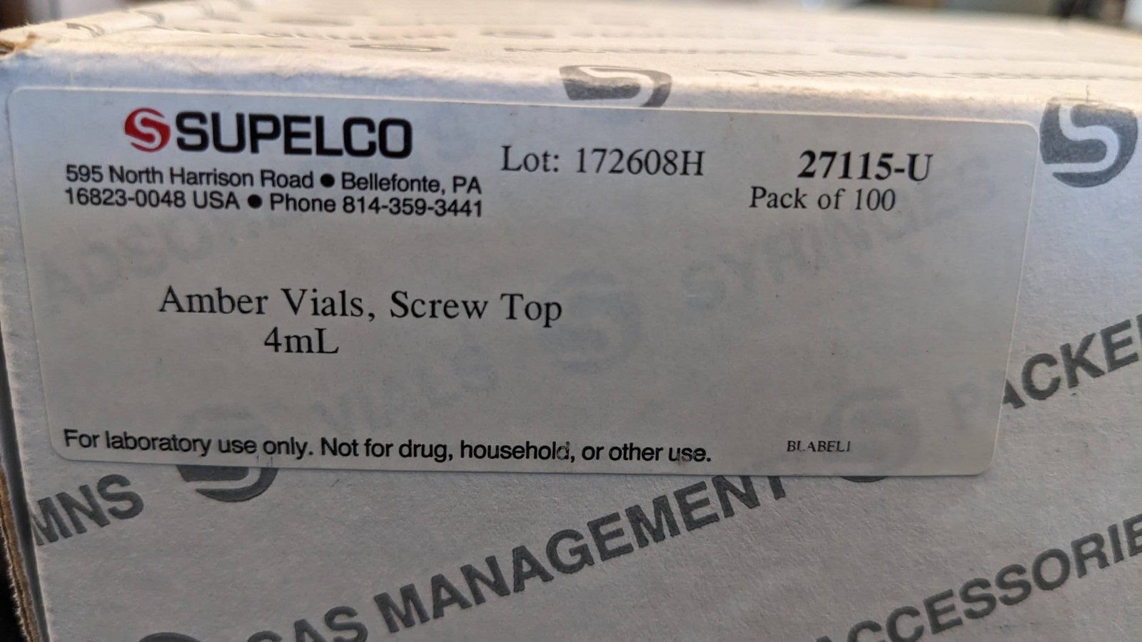 171 Supelco 4mL Amber Glass Vials + PTFE Lined Caps 27115-U / 27141 Lab GC HPLC