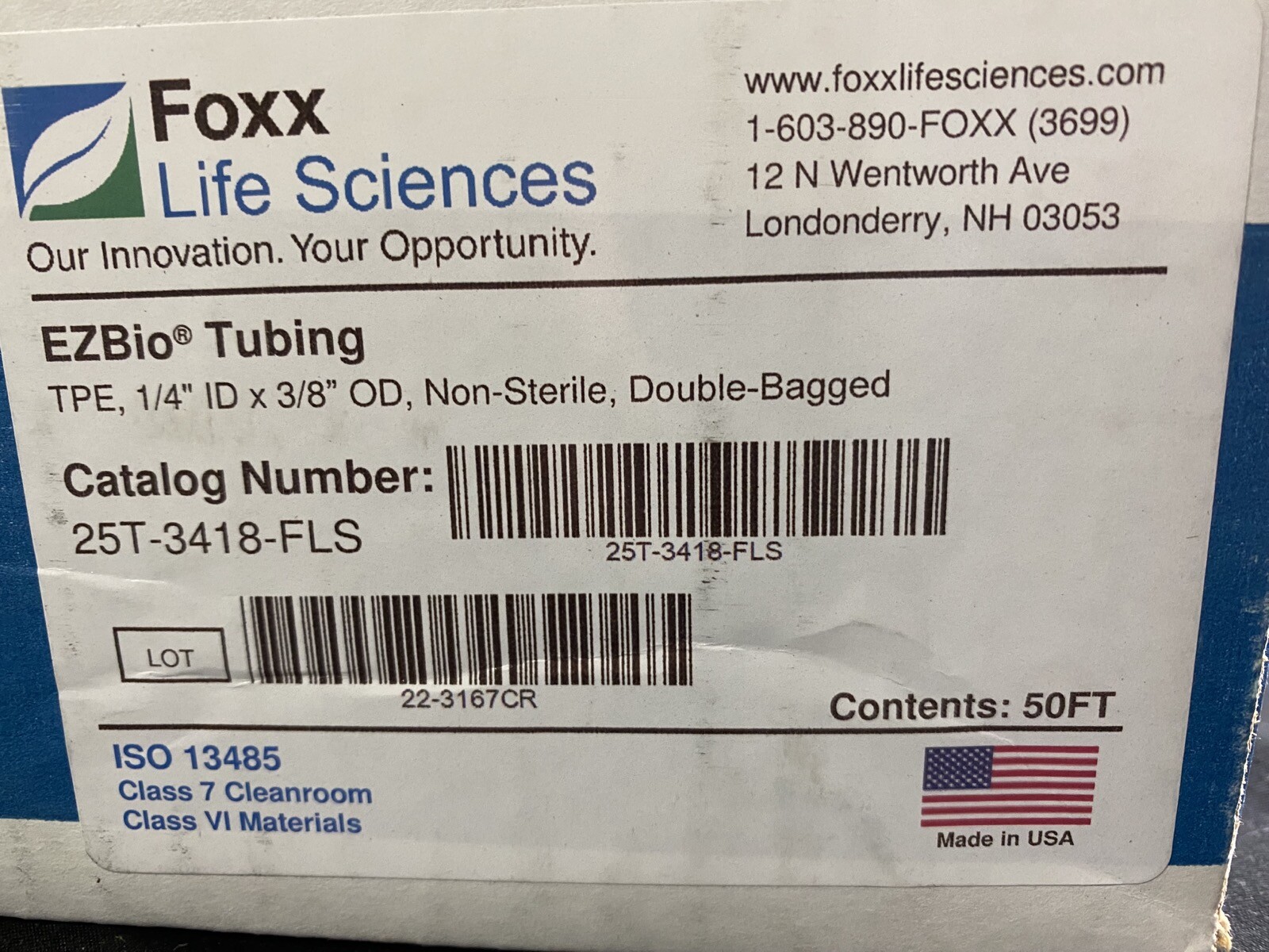 FOXX LIFE SCIENCES 1/4″ ID x 3/8″OD 50′ TPE EZBio Tubing 25T-3418-FLS (1/cs)
