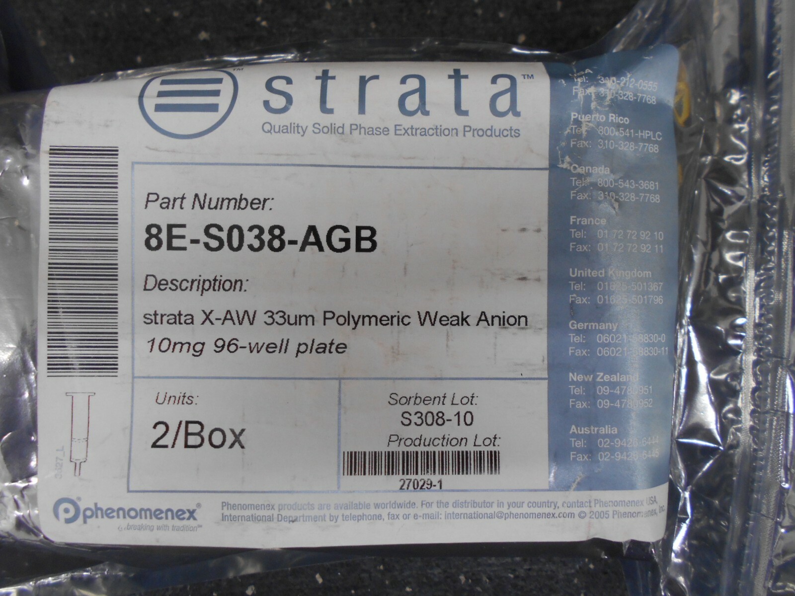 PHENOMENEX 8E S038 AGB STRATA X AW 33µm POLYMERIC WEAK ANION 10mg 96 WELL PLATE