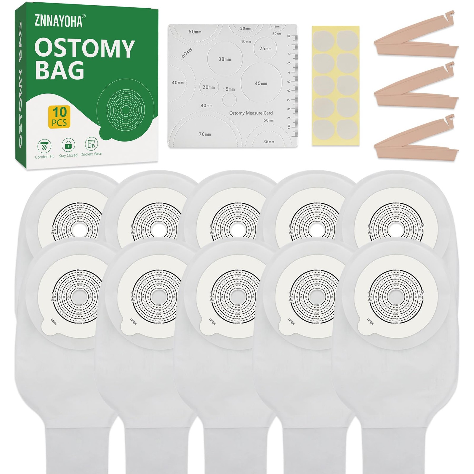 ZnnaYoha 10 PCS Colostomy Bags, One Piece Ostomy Bag, Drainable White