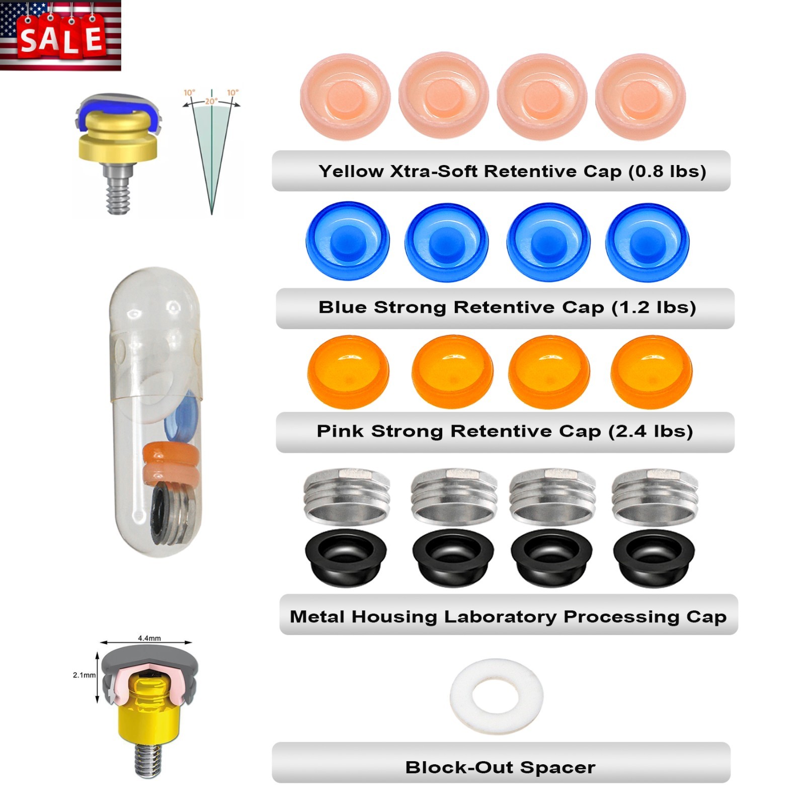 US Dental ZEST Locator Male Caps Kit Overdenture Replacement Inserts Core Tool