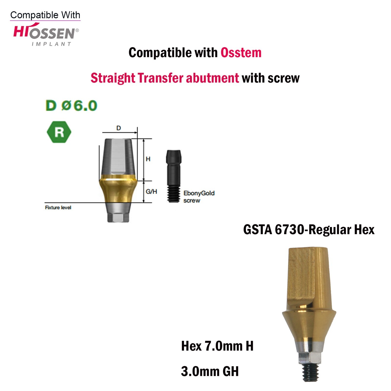 US Dental Straight Transfer Abutment Regular Ø6.0mm 1-6mm GH For Hiossen Osstem