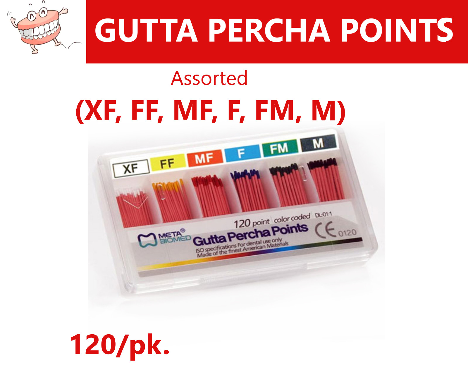 Dental Endo GUTTA Percha Points X Fine, FF, MF, F, FM, M – Assorted, Meta 120/Pk