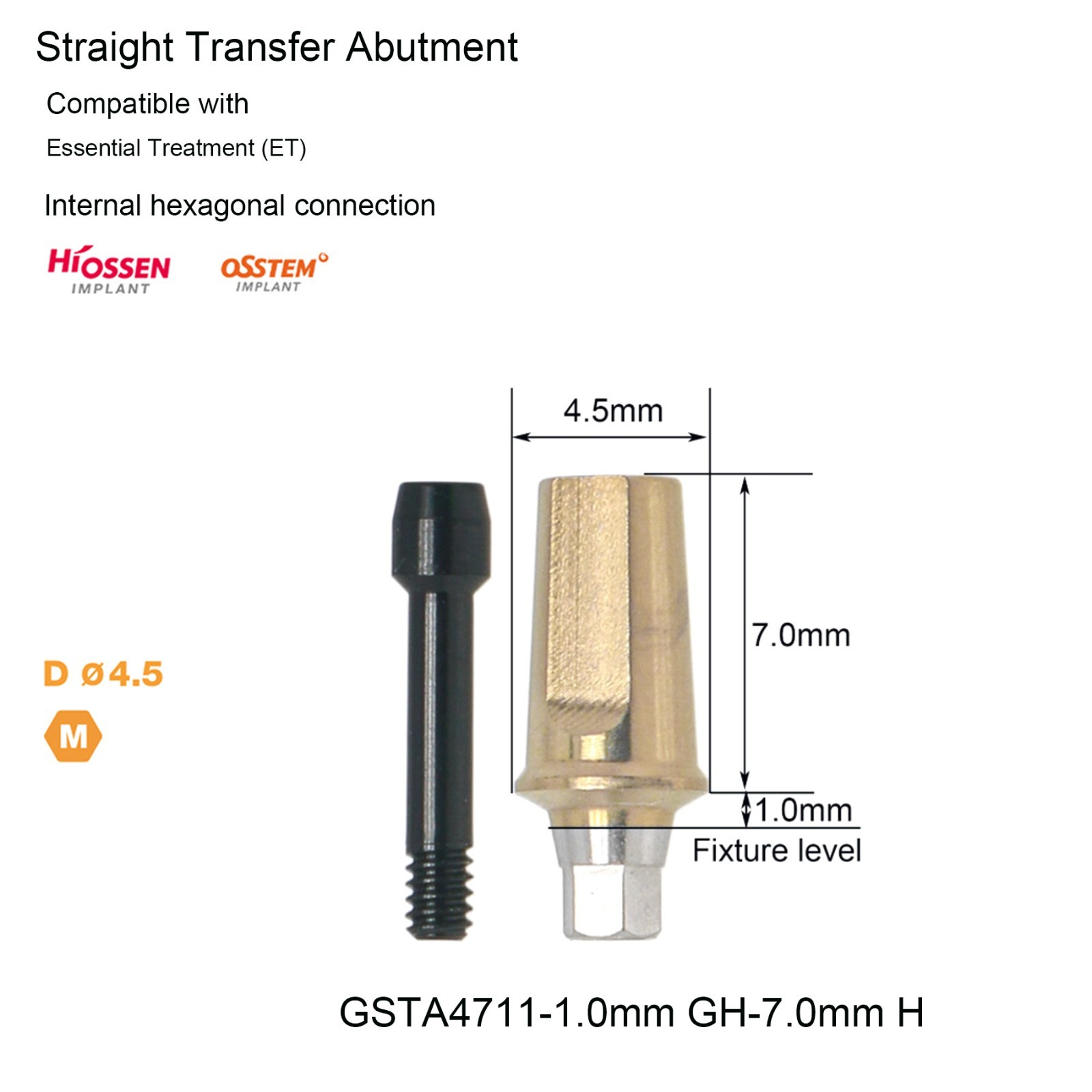 Hiossen Dental Ø4.5 Mini ET Platform Ti Straight Standard Mini Transfer Abutment