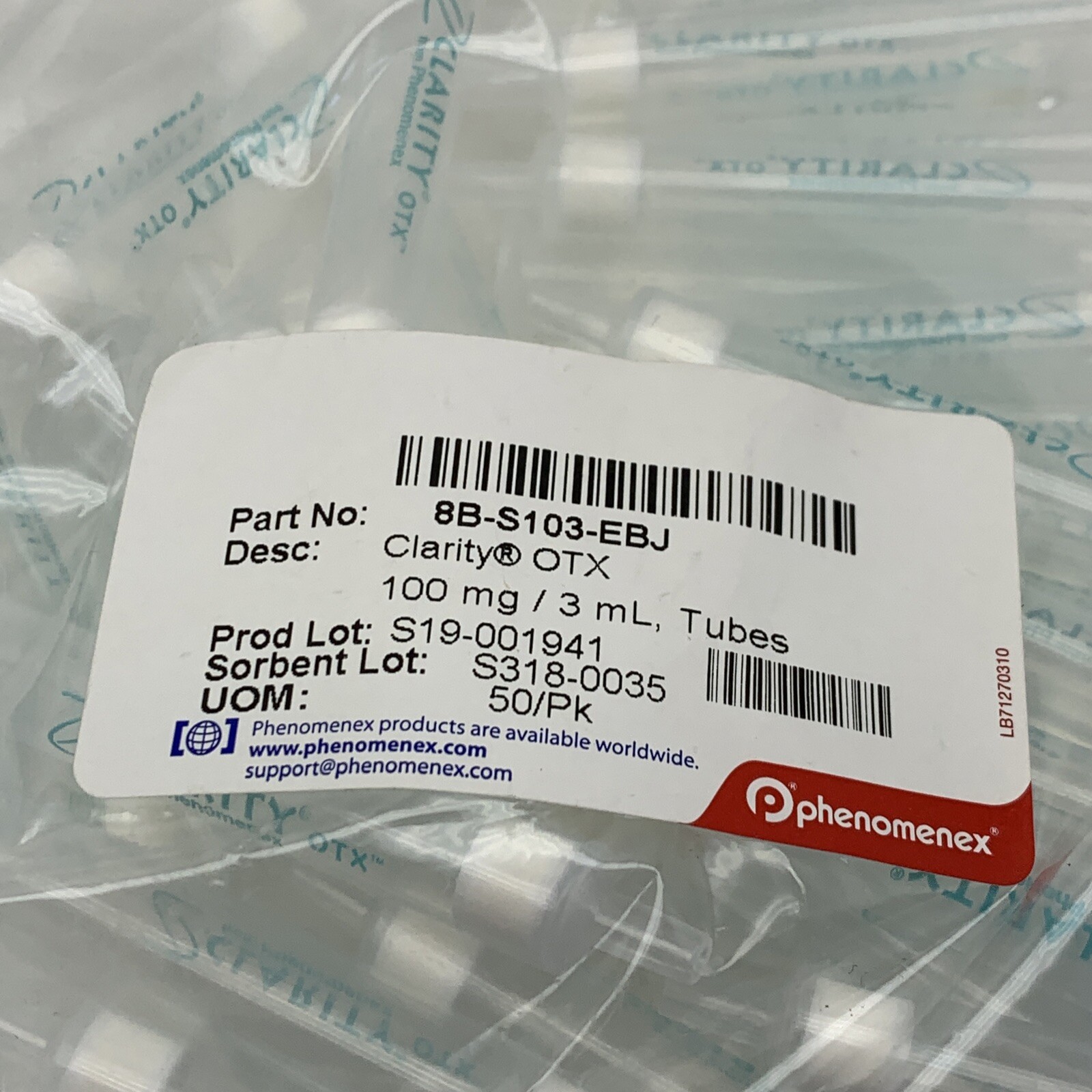 (50-Pack) Phenomenex 8B-S103-EBJ Clarity OTX Tube 100mg / 3mL