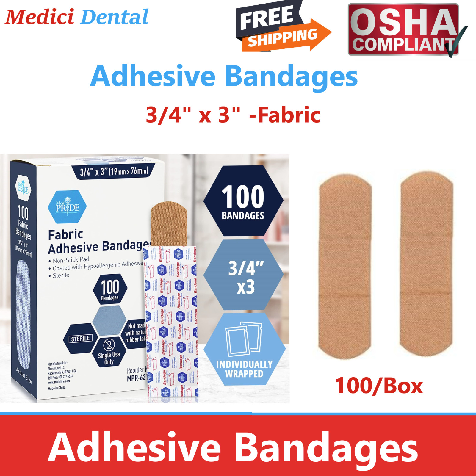 Adhesive Bandage – Fabric Bandages 3/4″ x 3″, Sterile, 100/Pack Bandaid No Latex