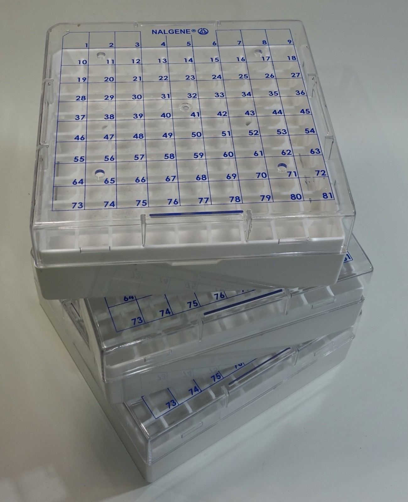 Lot of 3 Nalgene 5026-0909 Polycarbonate Cryo Boxes, Hold 81 Vials – CLEAN