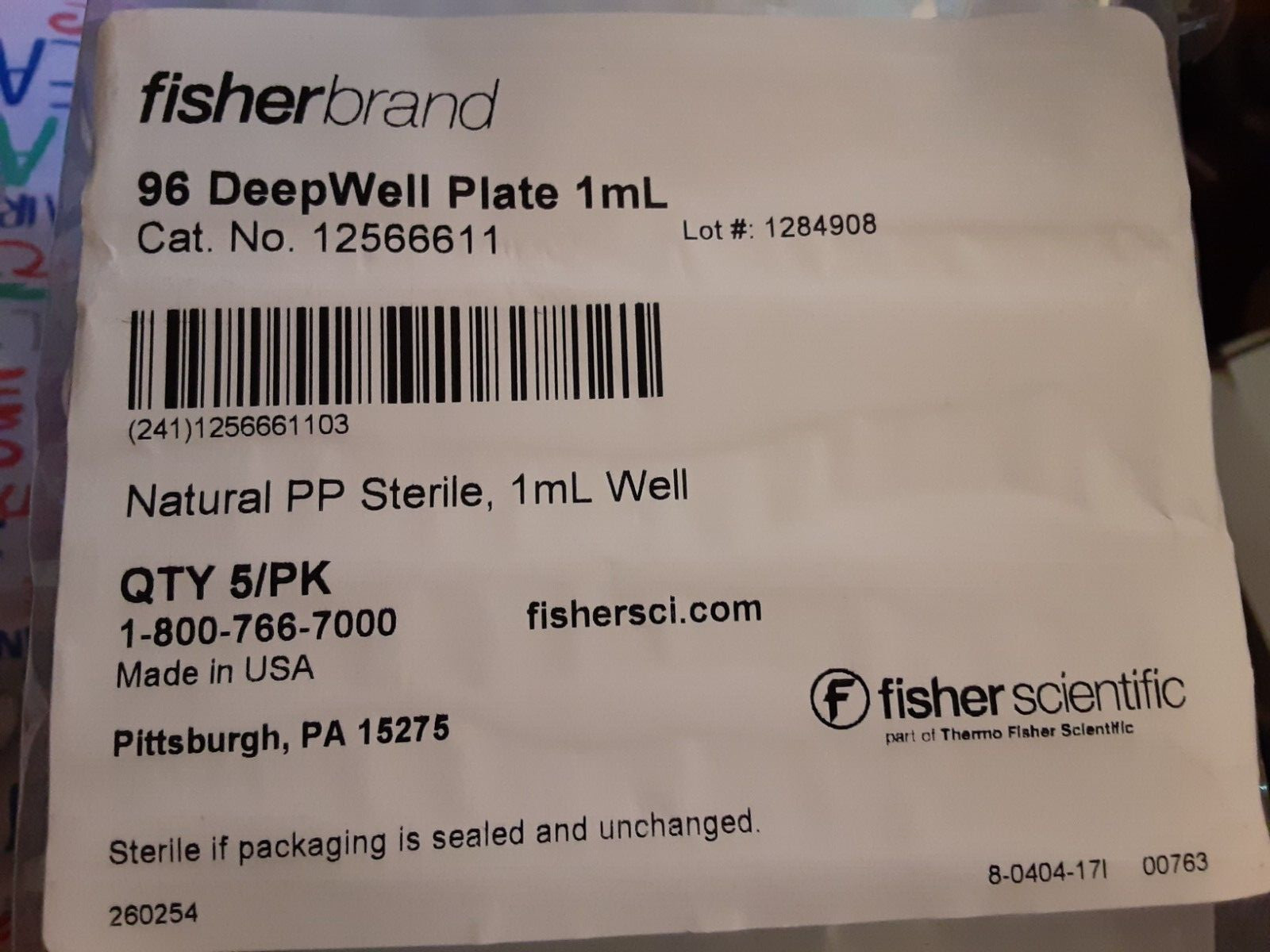 FISHERBRAND 1ml/ 96 DEEP WELL PLATE (STERILE/sealed pk of 5) 12566611