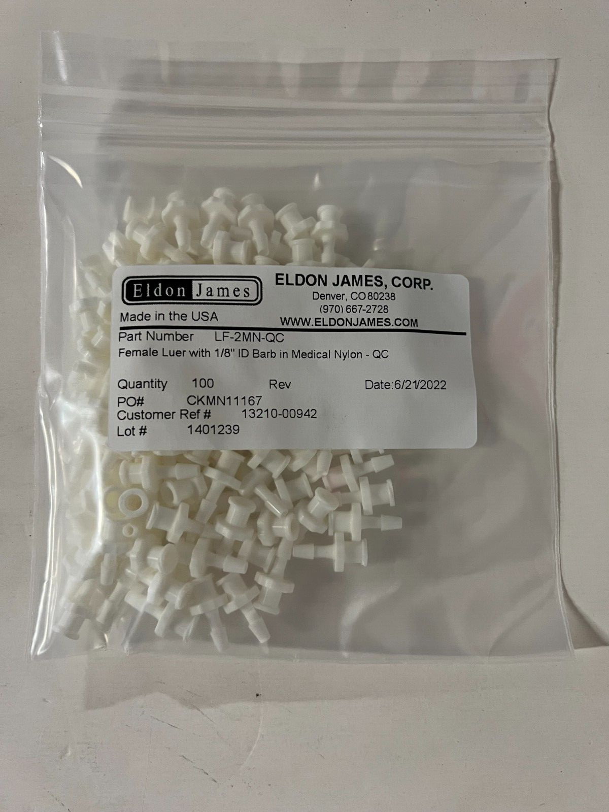 Lot of 4400 Eldon James LF-2MN-QC Female Luer w 1/8 ID Barb in Medical Nylon NIB