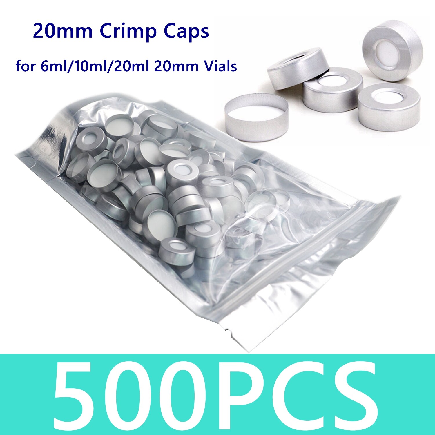 500pcs 20mm Aluminum Crimp Caps PTFE/White Silicone Septa for 6ml/10ml/20ml Vial