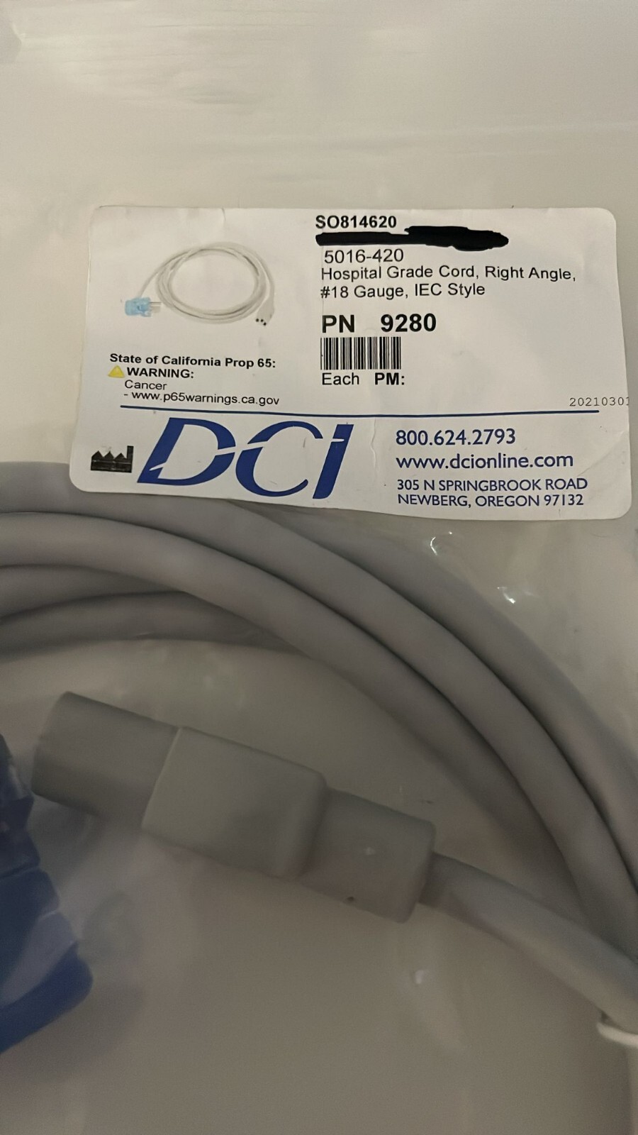 DCI Hospital Grade Cord, Right Angle, #18 Gauge, IEC Style – PN 9280