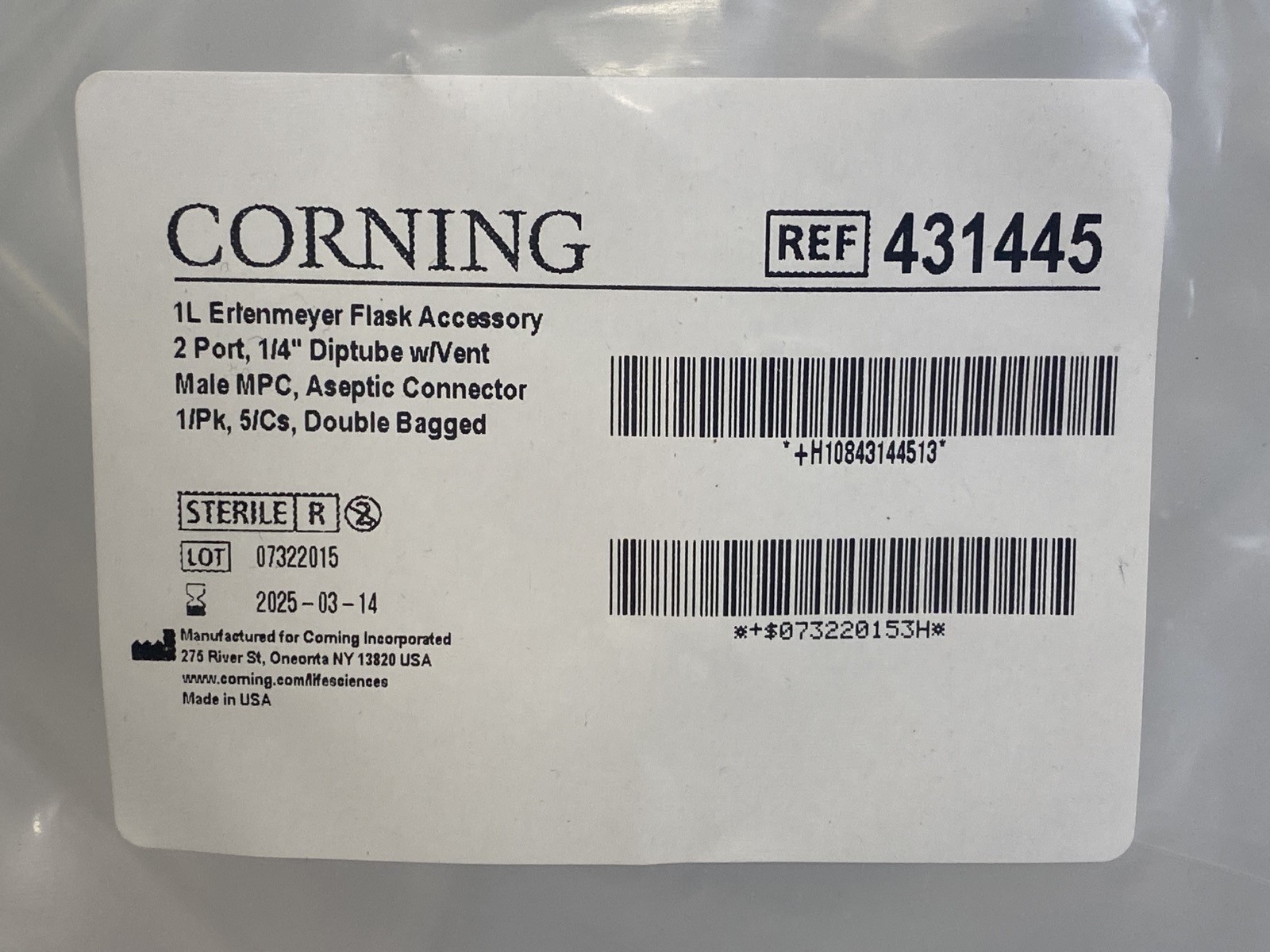 CORNING Disposable 43mm Aseptic Transfer Cap Dip Tube for 1L PC E-Flask 431445