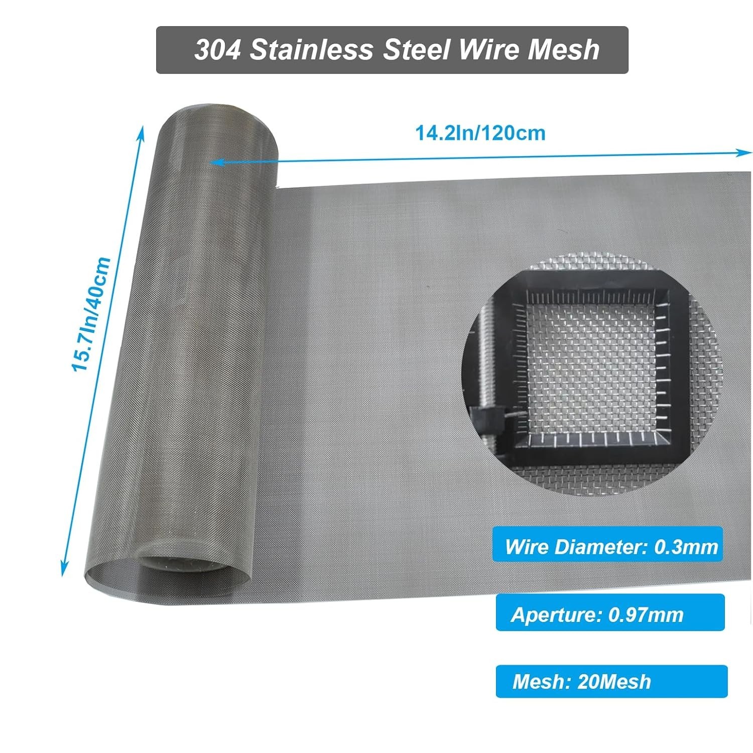 Stainless Steel Mesh Screen 20Mesh 15.7×47.2in Woven Wire for Vent DIY Fence