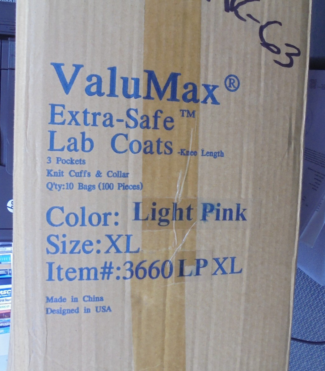 VALUMAX 3660LPXL Light Pink XL KNEE LENGTH EXTRA SAFE LAB COATS BOX OF 100