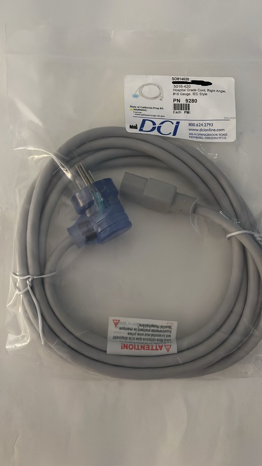 DCI Hospital Grade Cord, Right Angle, #18 Gauge, IEC Style – PN 9280