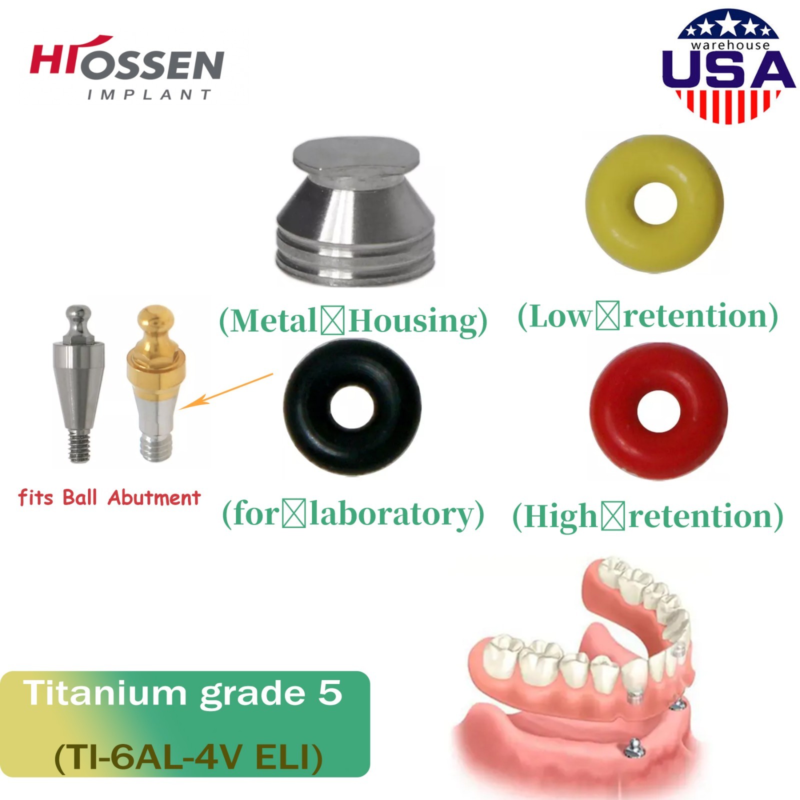 Dental O-Ring Retention Cap Ball Attachment Fit Hiossen Osstem Implant 4Pcs/Set