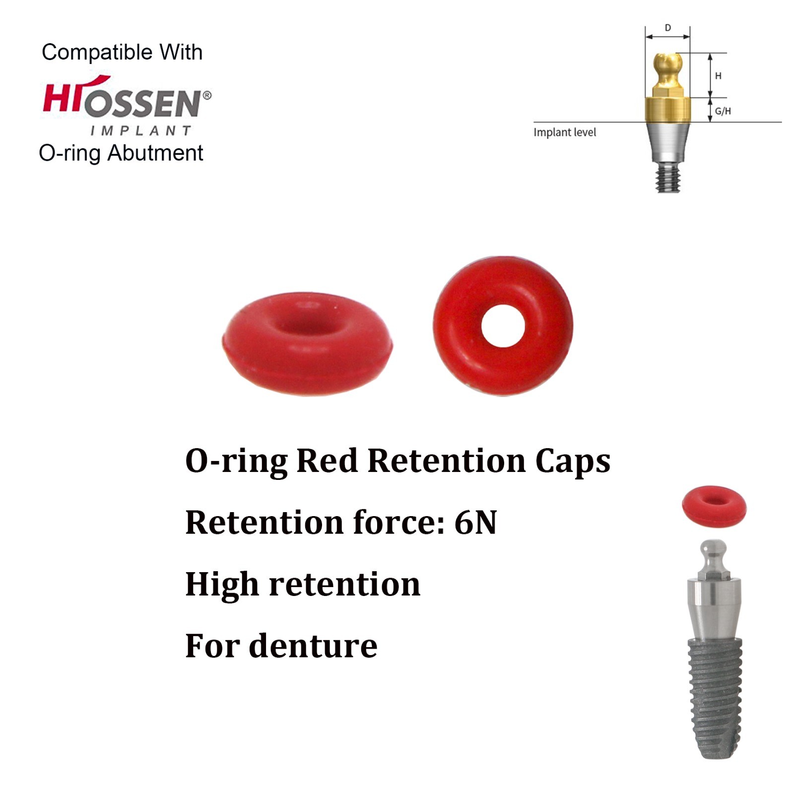Dental O-Ring Retention Cap Kit for Ball Attachment Abutment Implant fit Hiossen