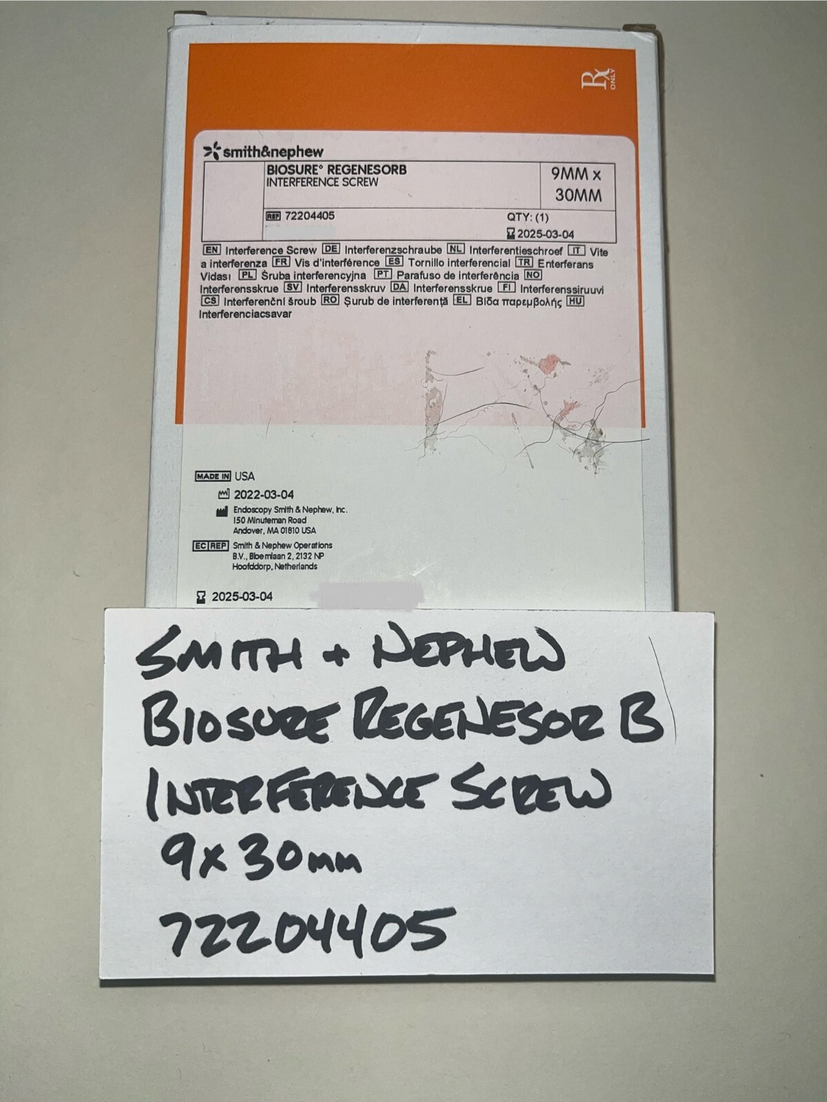 SMITH & NEPHEW BIOSURE REGENESOR B INTERFERENCE SCREW 9x30mm 72204405