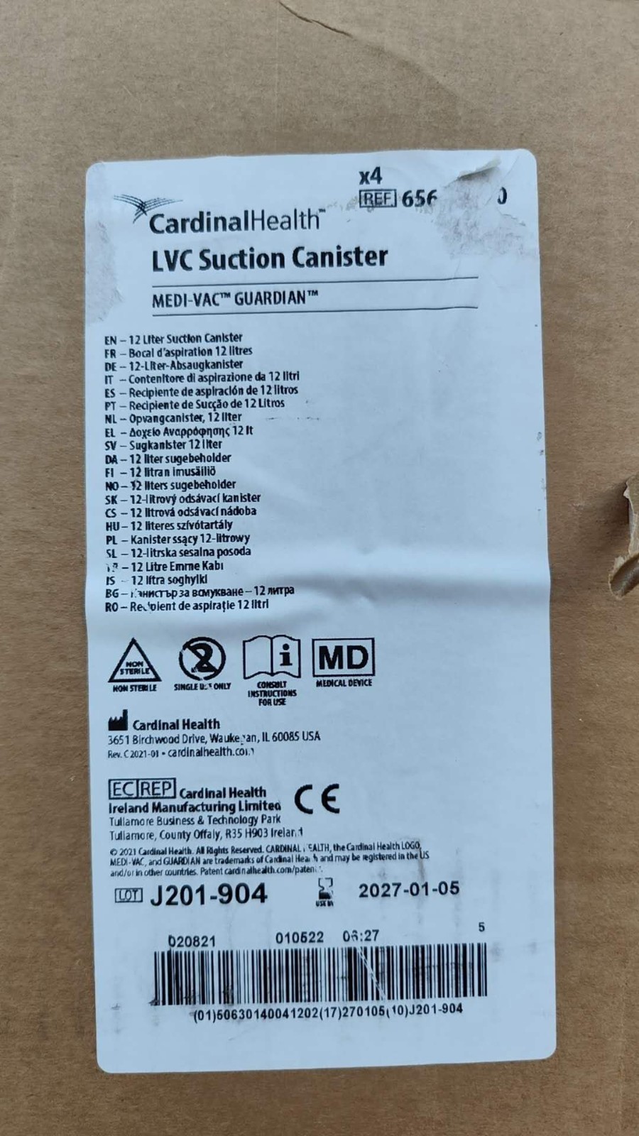 CARDINAL HEALTH LVC SUCTION CANISTER MEDI-VAC GUARDIAN 12 LTR 65651-120 Cs Of 4