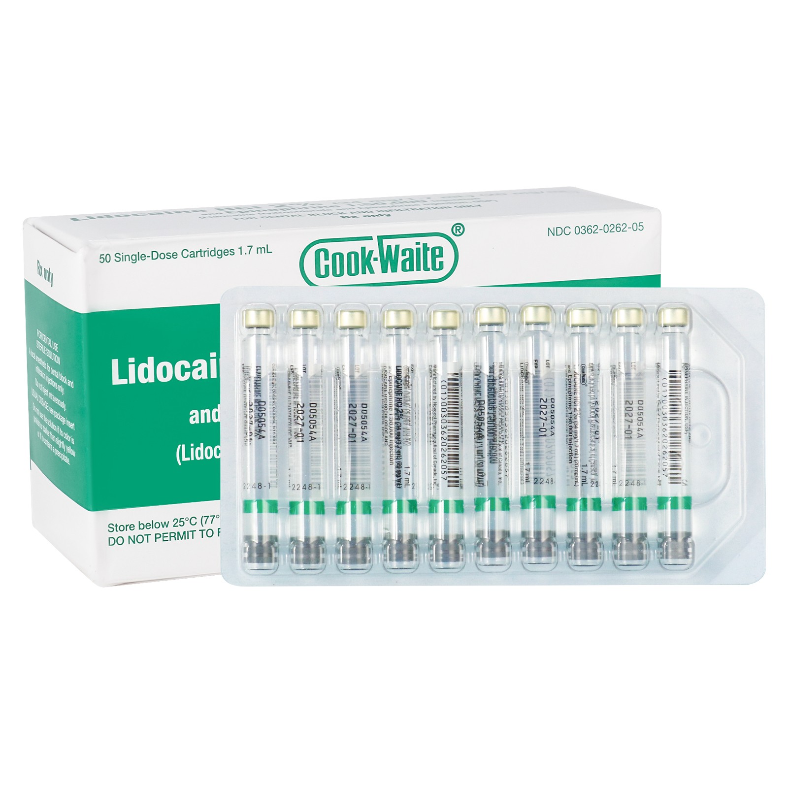 Cook-Waite Green/Red 50 cartridges w/Epinephrine 1:100000 HCl 2% Injectable
