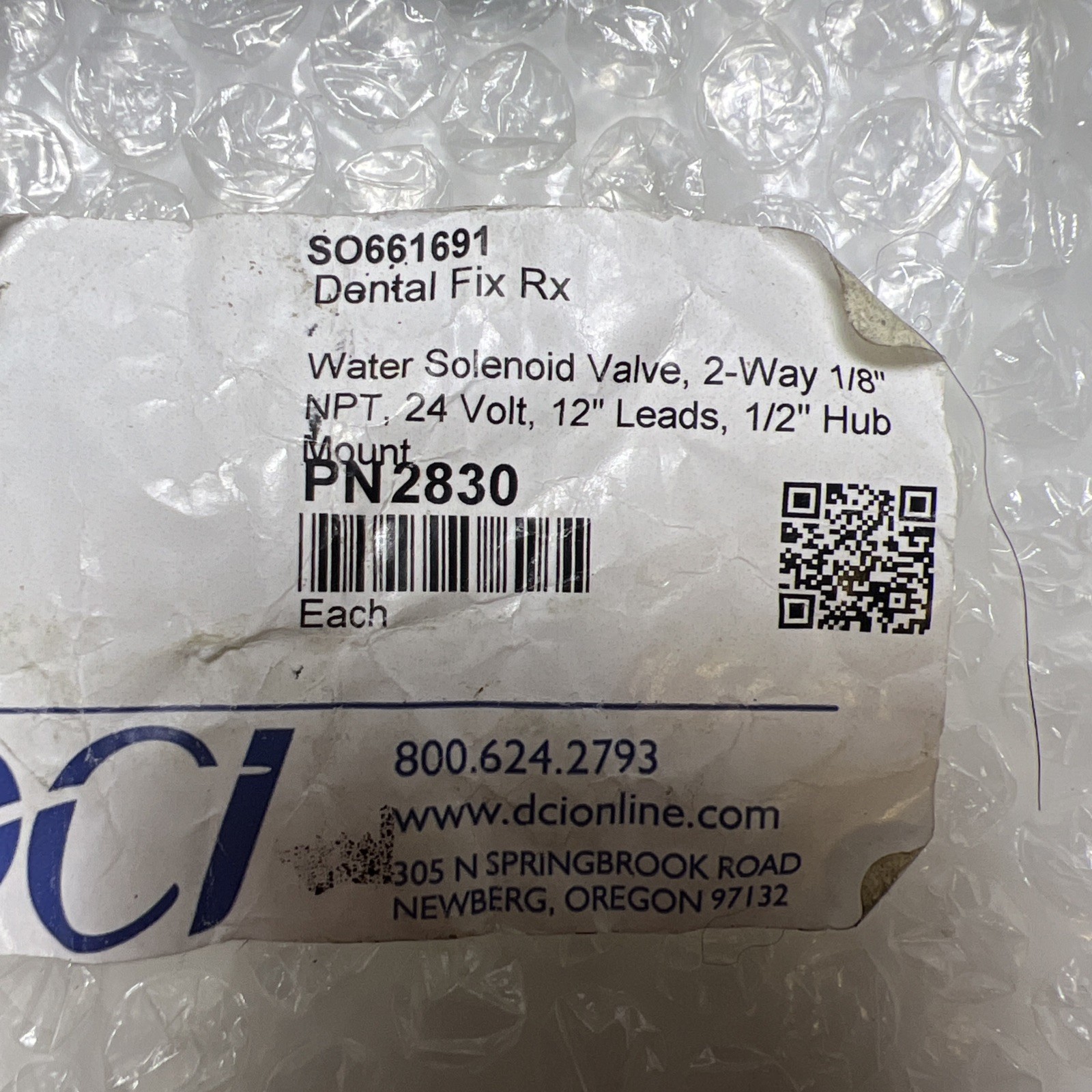 DCI Water Solenoid Valve, 2-Way 1/8″ NPT, 24 Volt, 12″ Lead for Dental, Medical