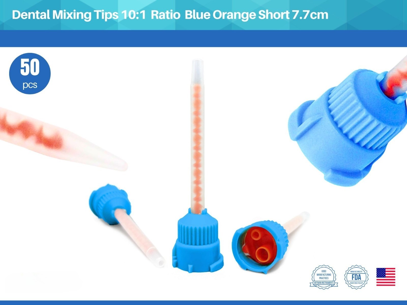 Mixing Tips 10:1 Ratio 7.7cm Crown & Bridge Impression, 50-Pack Blue/Orange