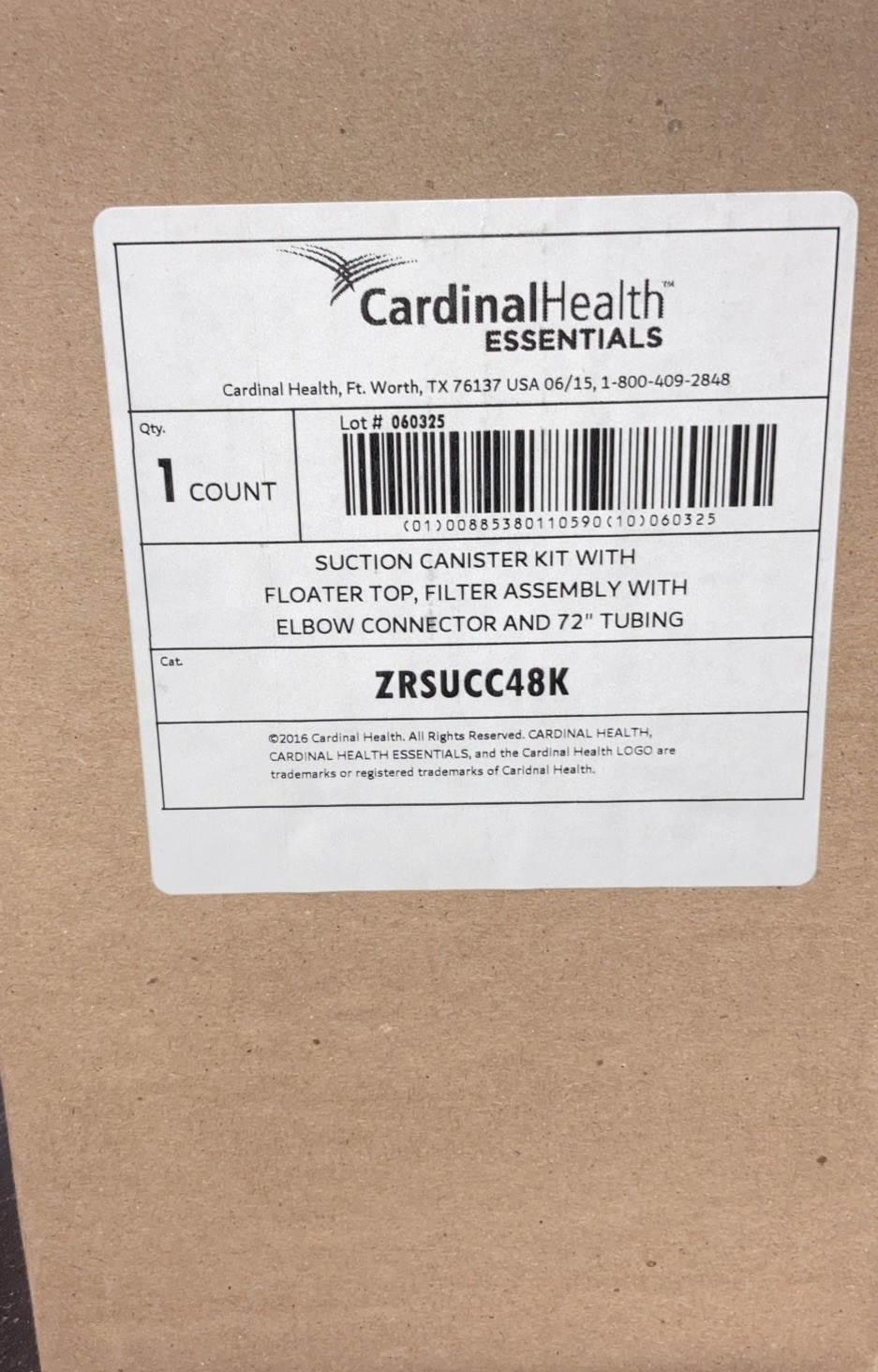 Cardinal Health Suction Canister Kit ZRSUCC48K Floater Top 72″ Tubing