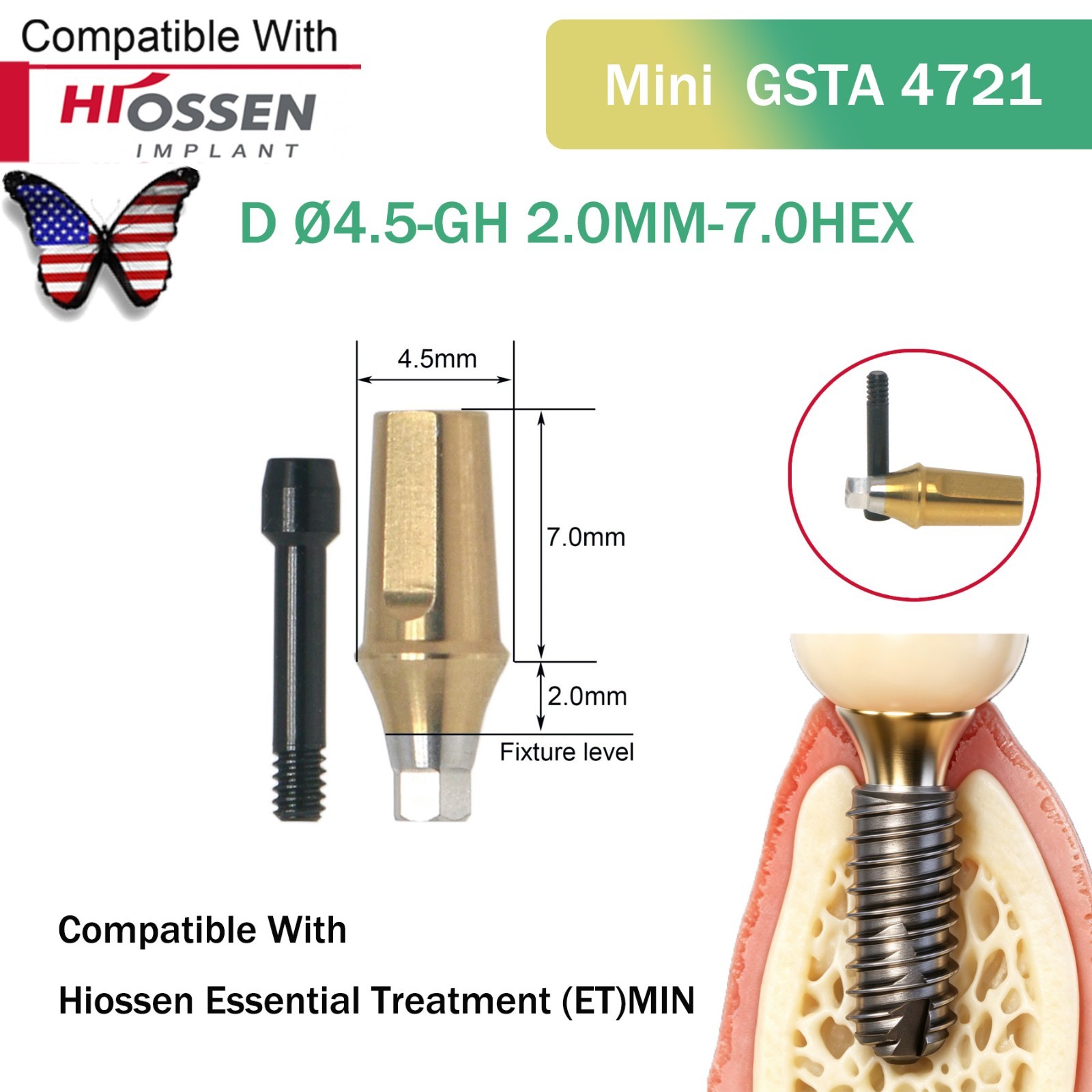 US Straight Abutment Fit Osstem Hiossen ET Mini Φ4.5 Cement Retained GH 1-5.0mm