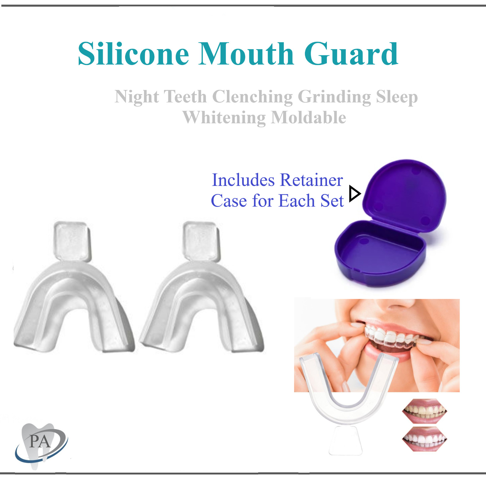Moldable Mouth Guard Grinding Teeth Whitening Trays + Retainer Box (2 Trays/Set)