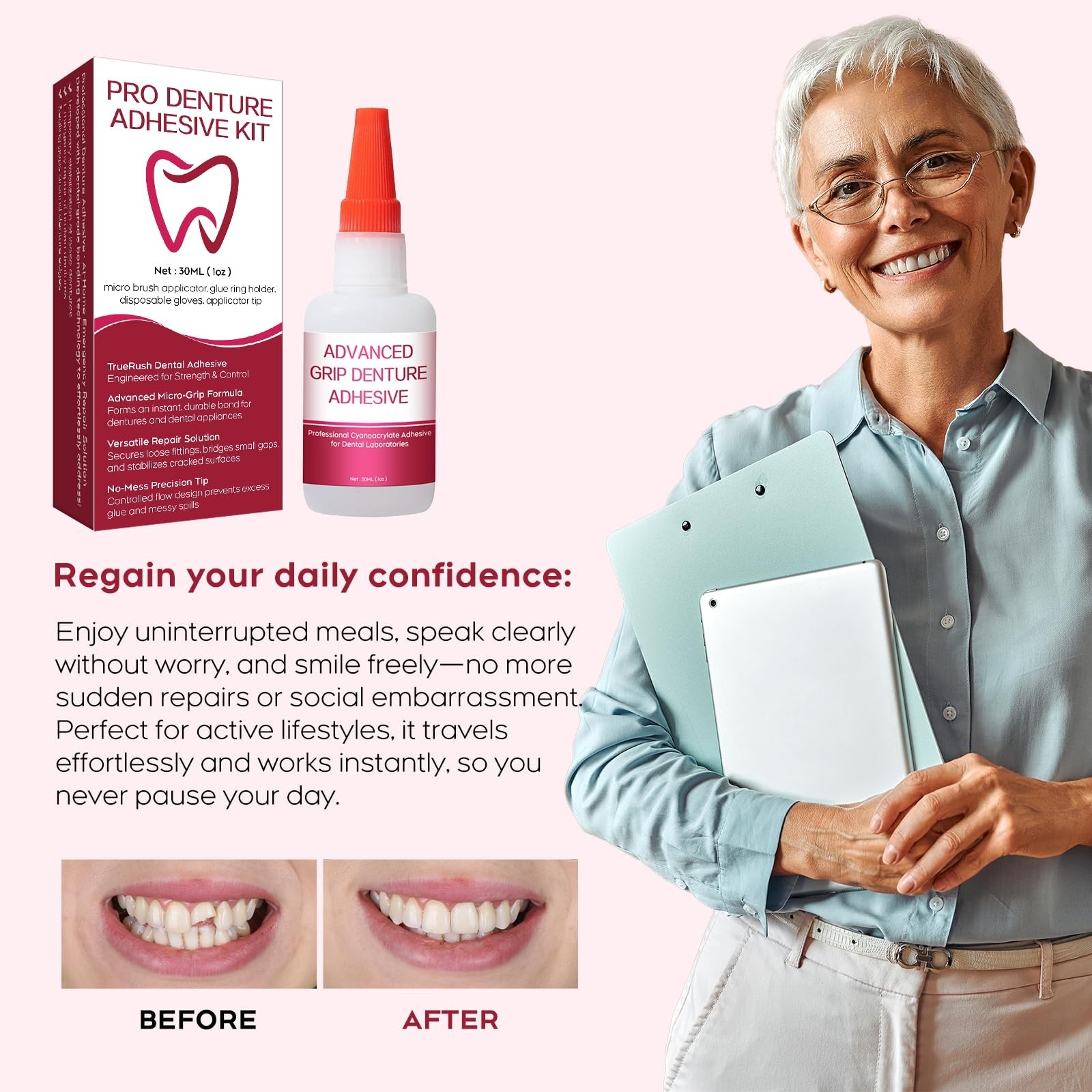 Fast-Setting Instant Bonding Glue for Dentures & Lab Tools – 15-60 Sec Repair, L
