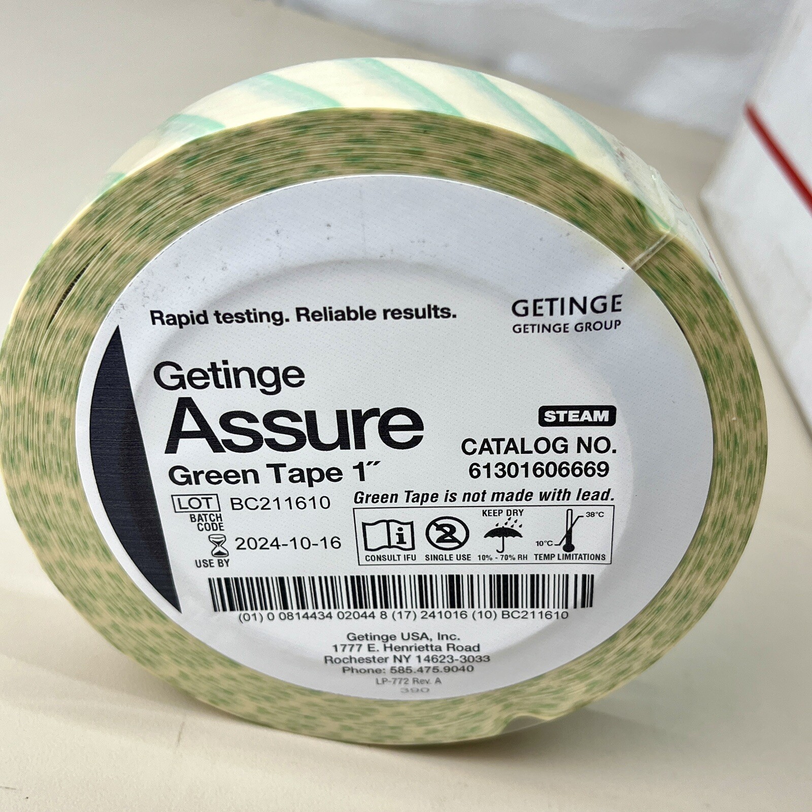 CASE OF 36 Getinge Assure Green Steam Sterilization Indicator Tape 1”x60Yd Roll