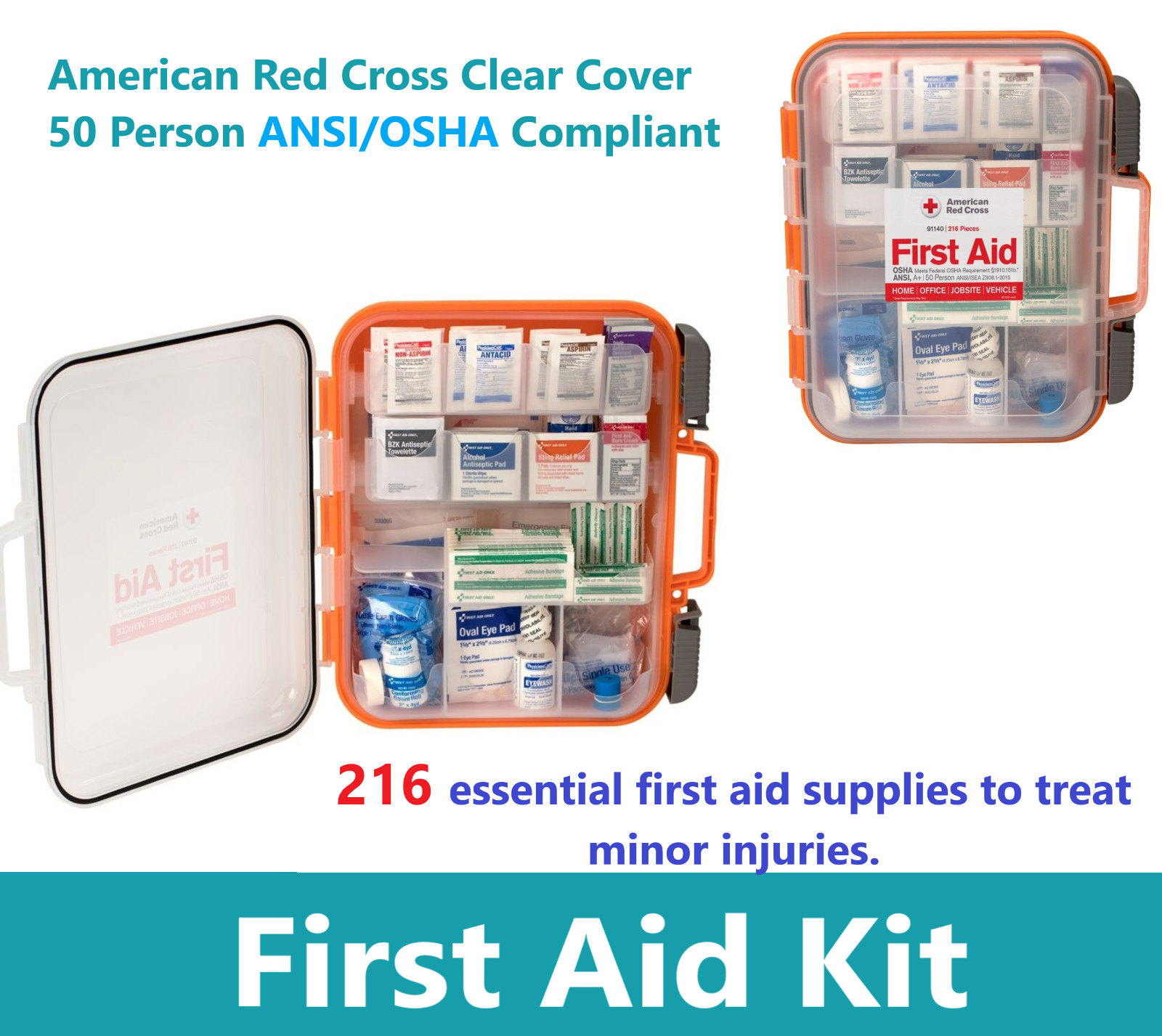 First Aid Kit American Red Cross Clear Cover 50 Person ANSI A, 216 Pcs Injuries