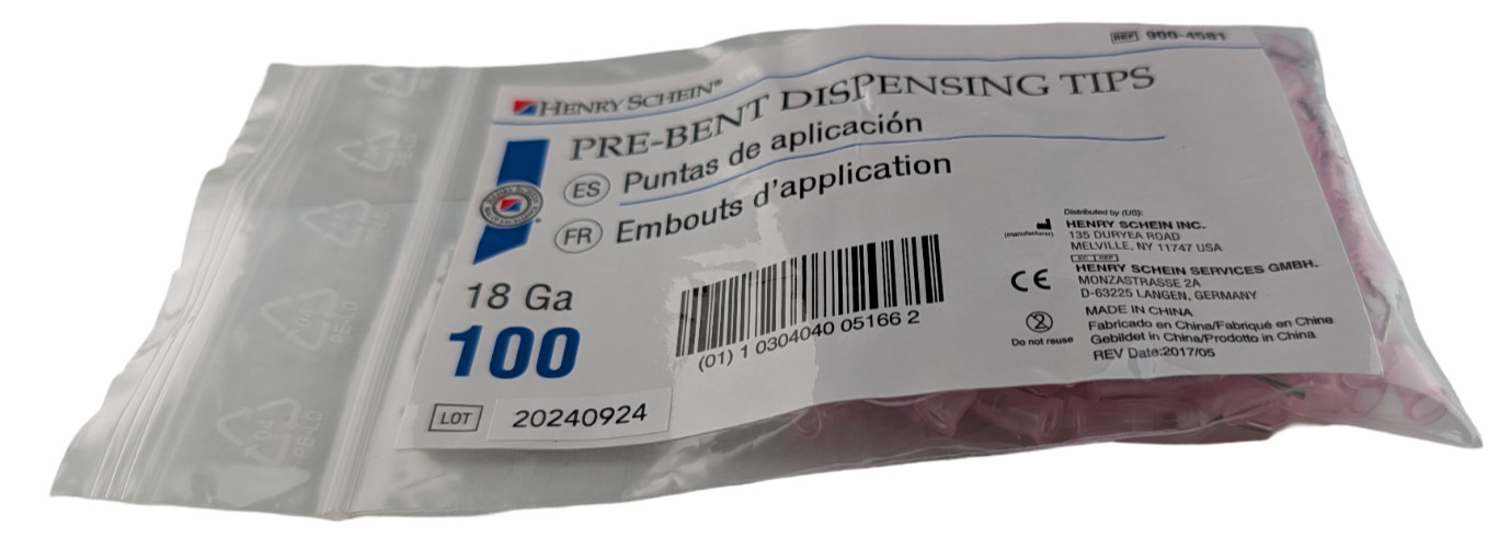 Henry Schein 900-4581 18 Ga Pre-Bent Dispensing Tips 100 Ct Pink