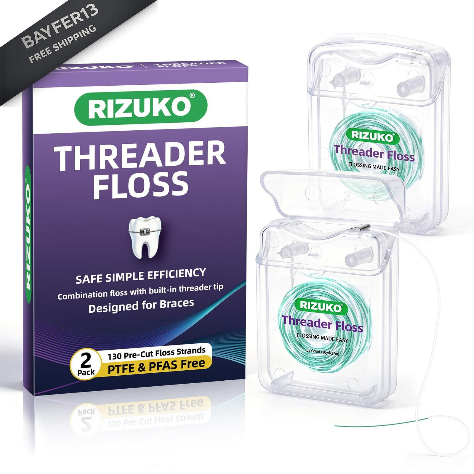 Threader Floss,2-in-1 Dental Floss for 65 Count(Pack of 2), Green+white