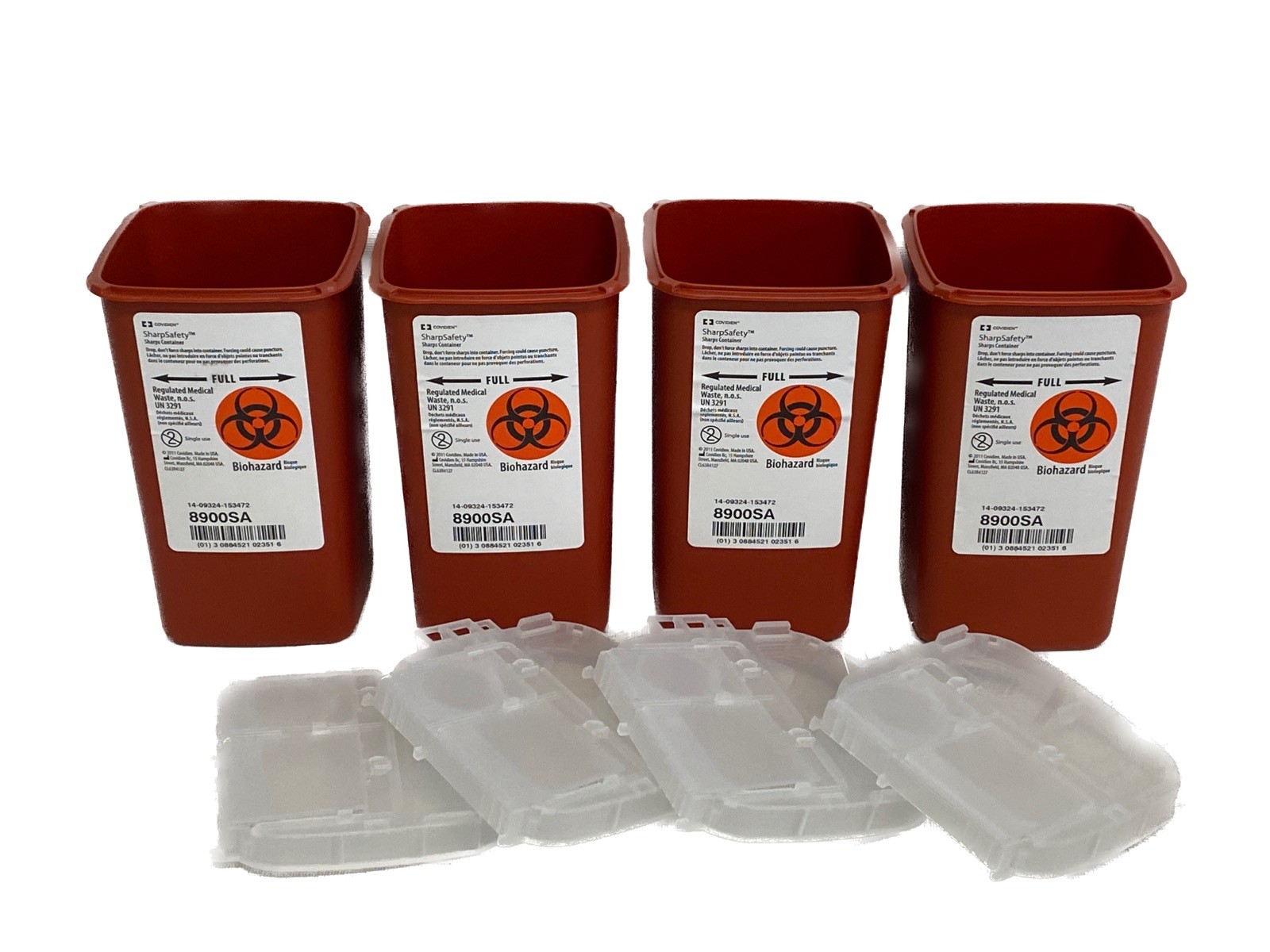 (4) COVIDIEN SharpSafety Red Sharps Containers 1-Quart w/ Clear Lid 8900SA