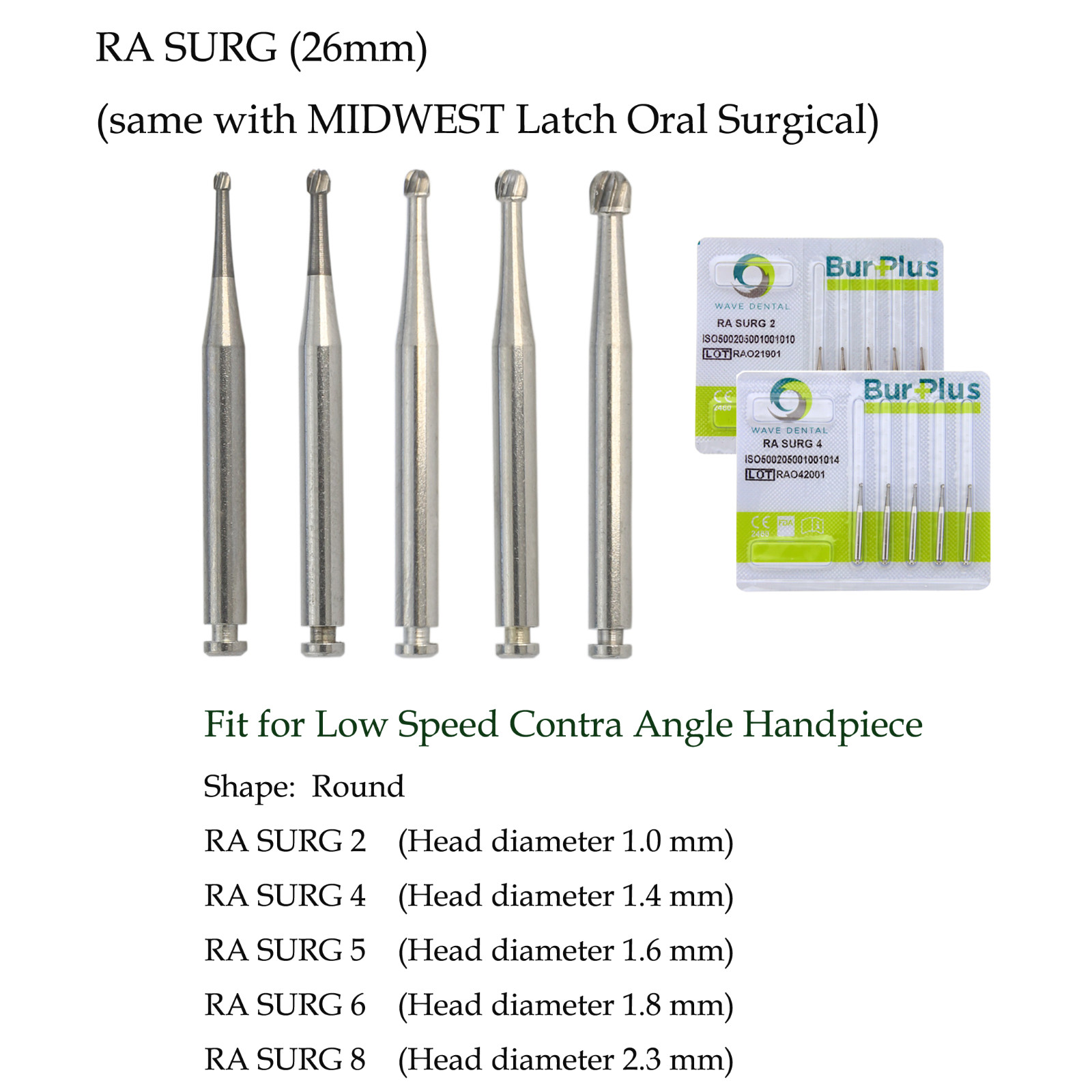 Wave Dental Carbide Burs Surgical Bur Latch Round RA SURG 2 4 6 8 Contra Angle