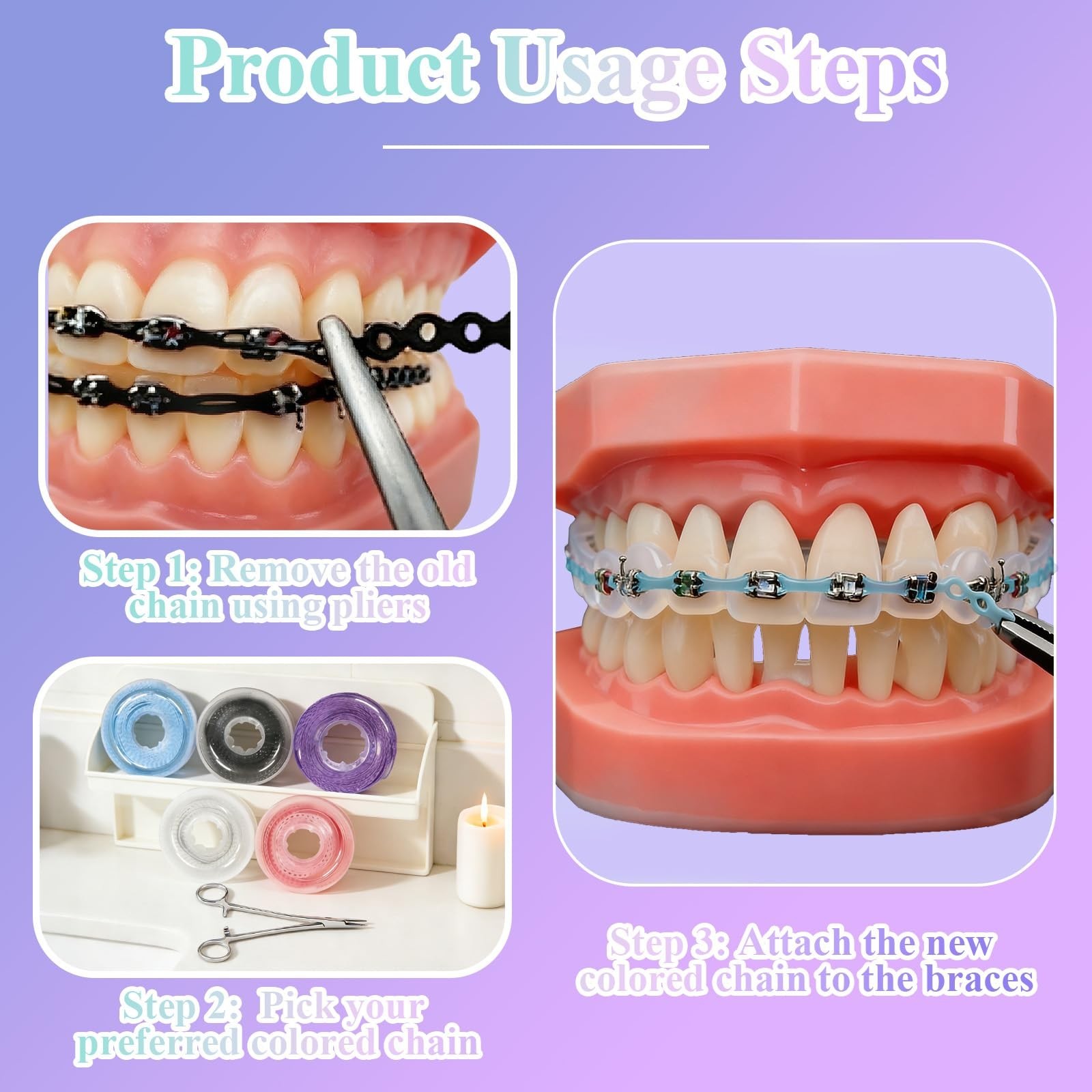 Color Changing Dental Braces Kit with Orthodontic Plier & 5 Power Chains – DIY A