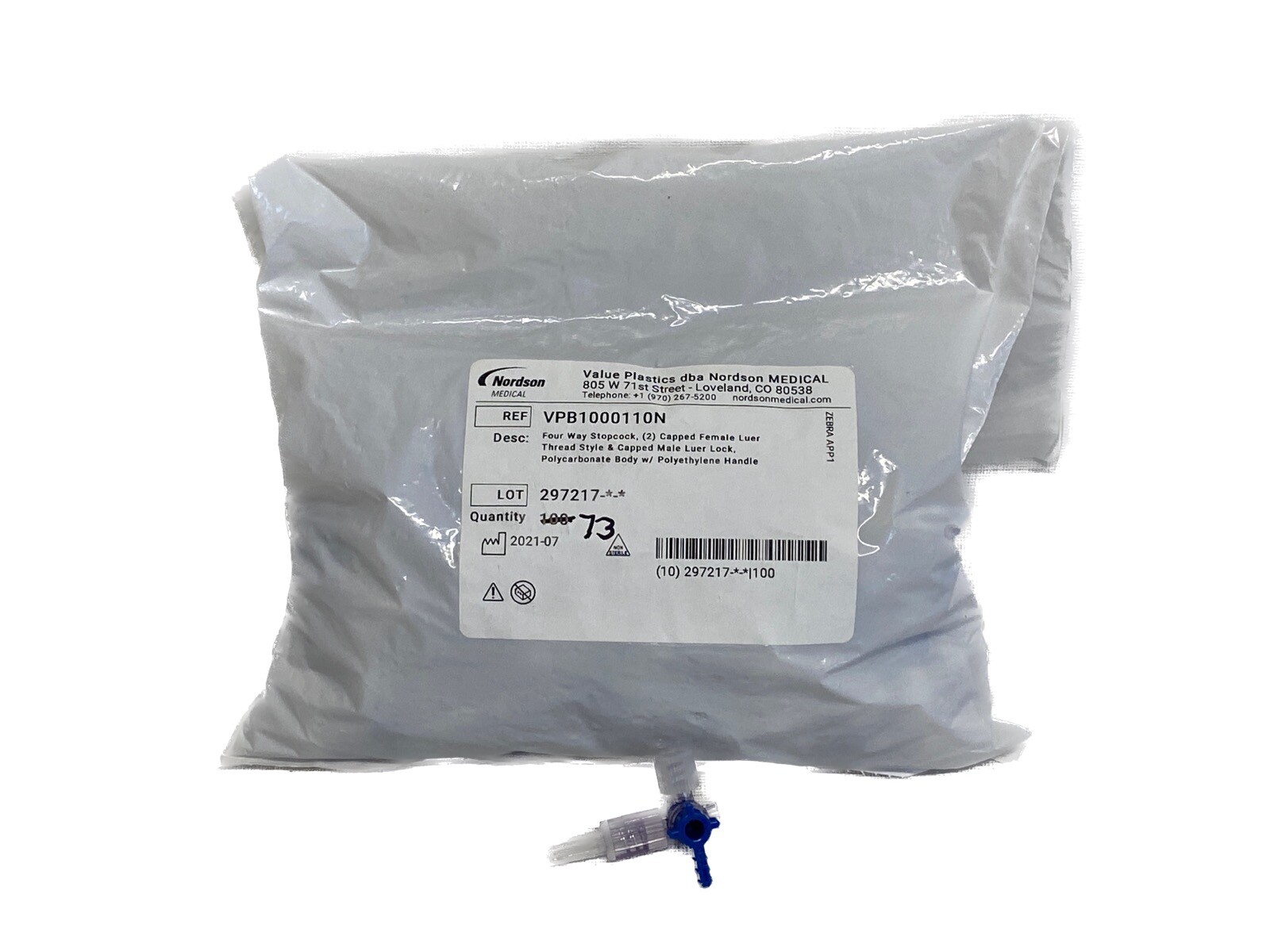 (73) VALUE PLASTICS Four-Way Stopcock Capped F Luer to Capped M Luer-Lock