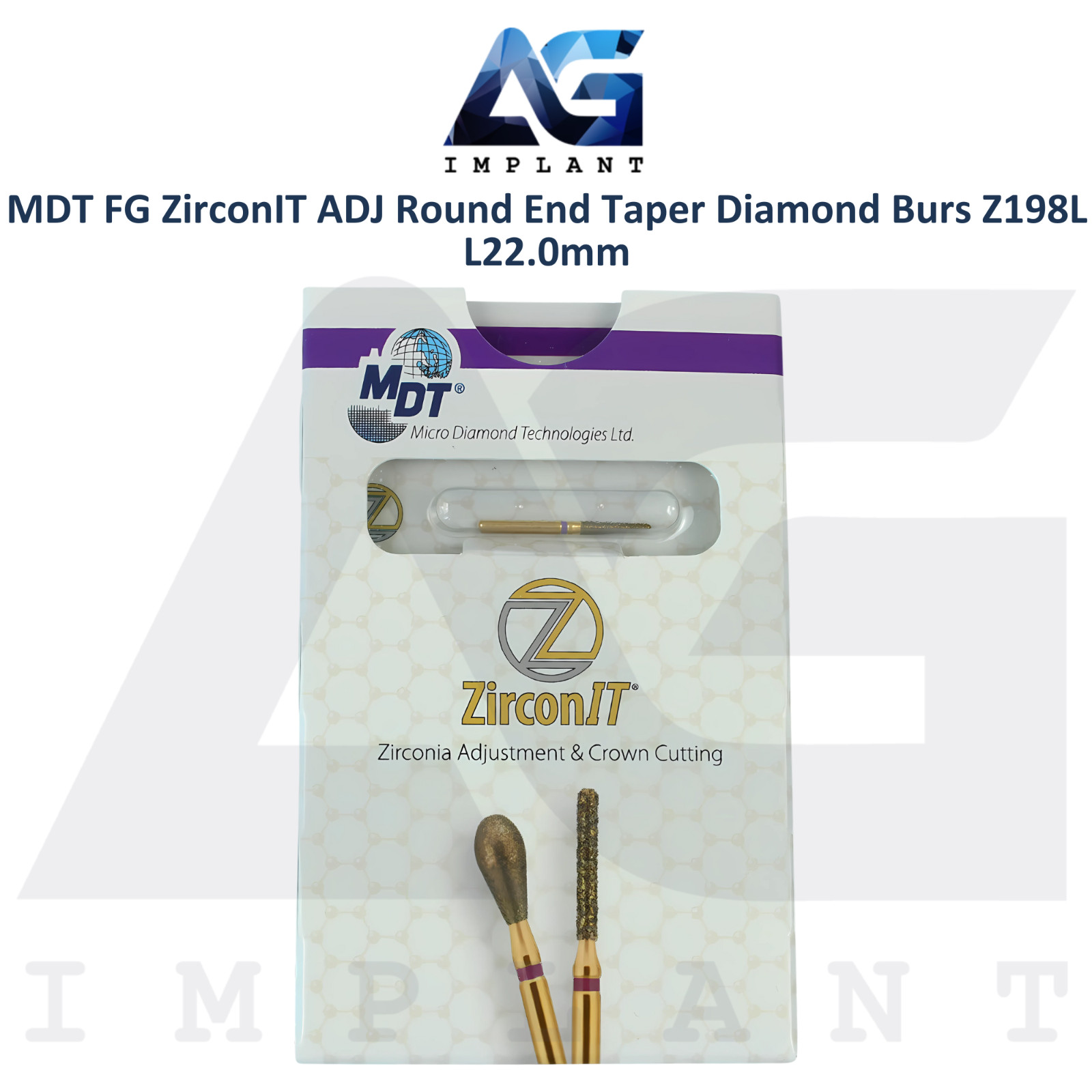 MDT Dental FG ZirconIT ADJ Round End Taper Diamond Bur Z198L L22.0mm Crown Prep