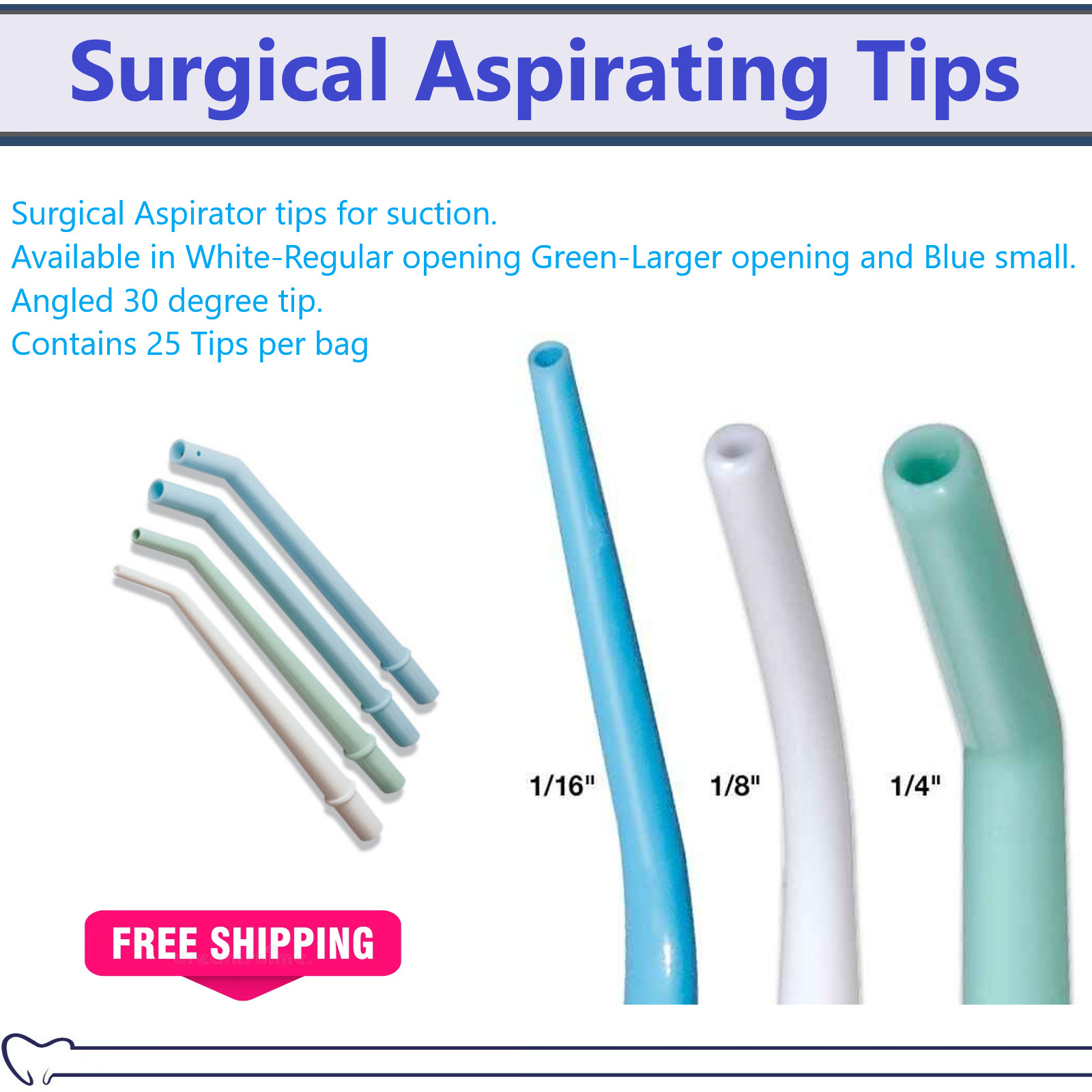 Surgical Aspirator Tips Dental Aspirating Suction Tips Blue, Green, White, 25Pk