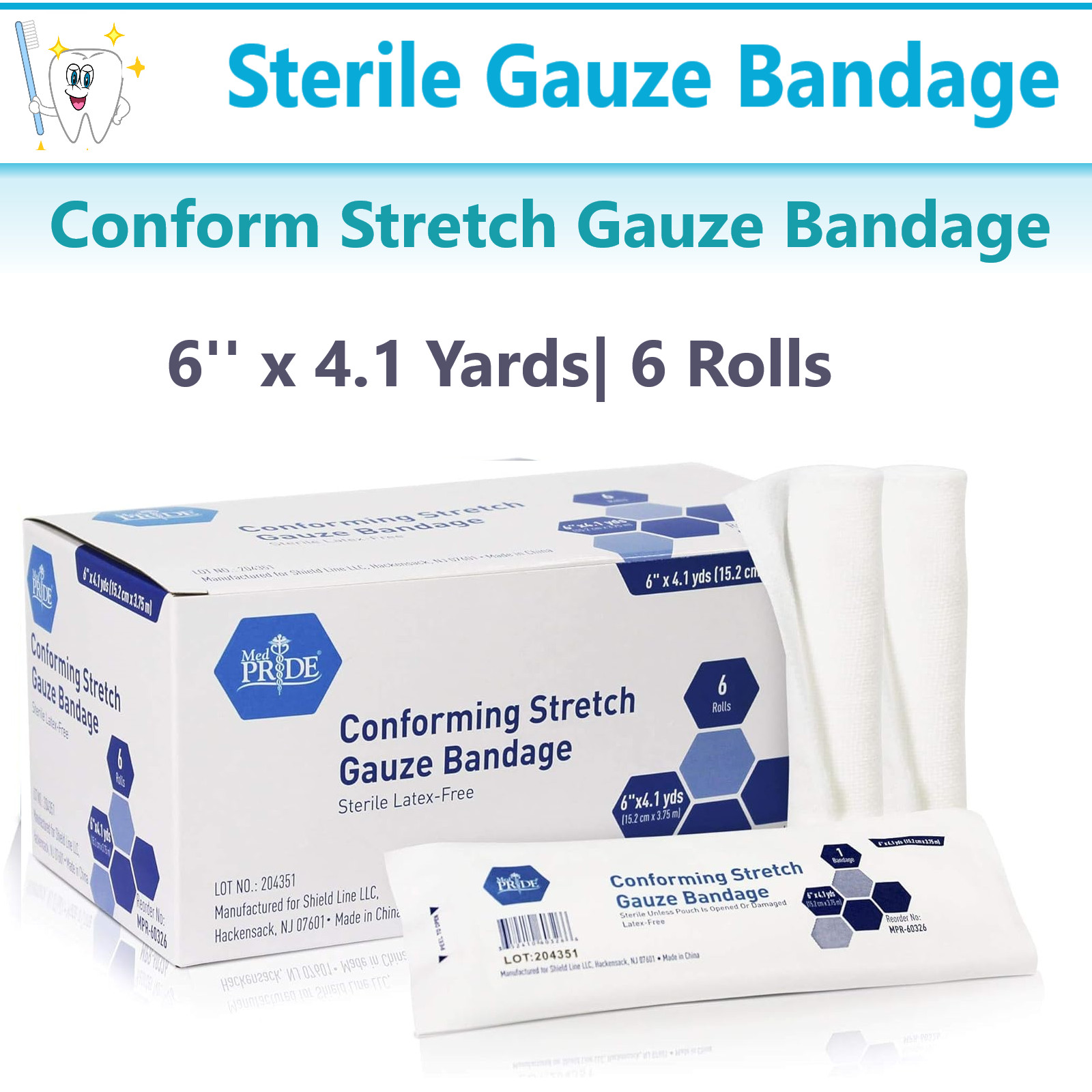 Sterile Conforming Stretch Gauze Bandages 6” x 4.1 Yards, 6 Rolls, Latex Free
