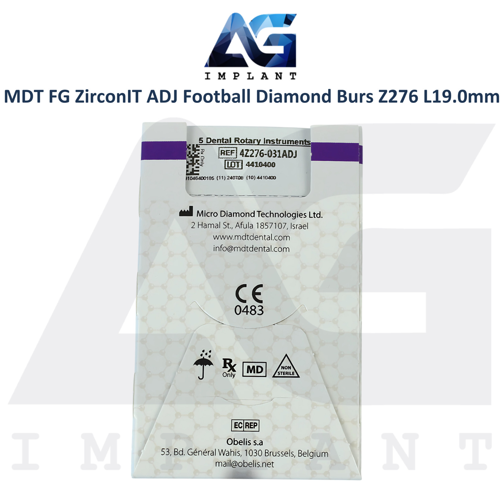 MDT Dental FG ZirconIT ADJ Football Diamond Bur Z276 L19.0mm Ø3.1mmX6.2mm