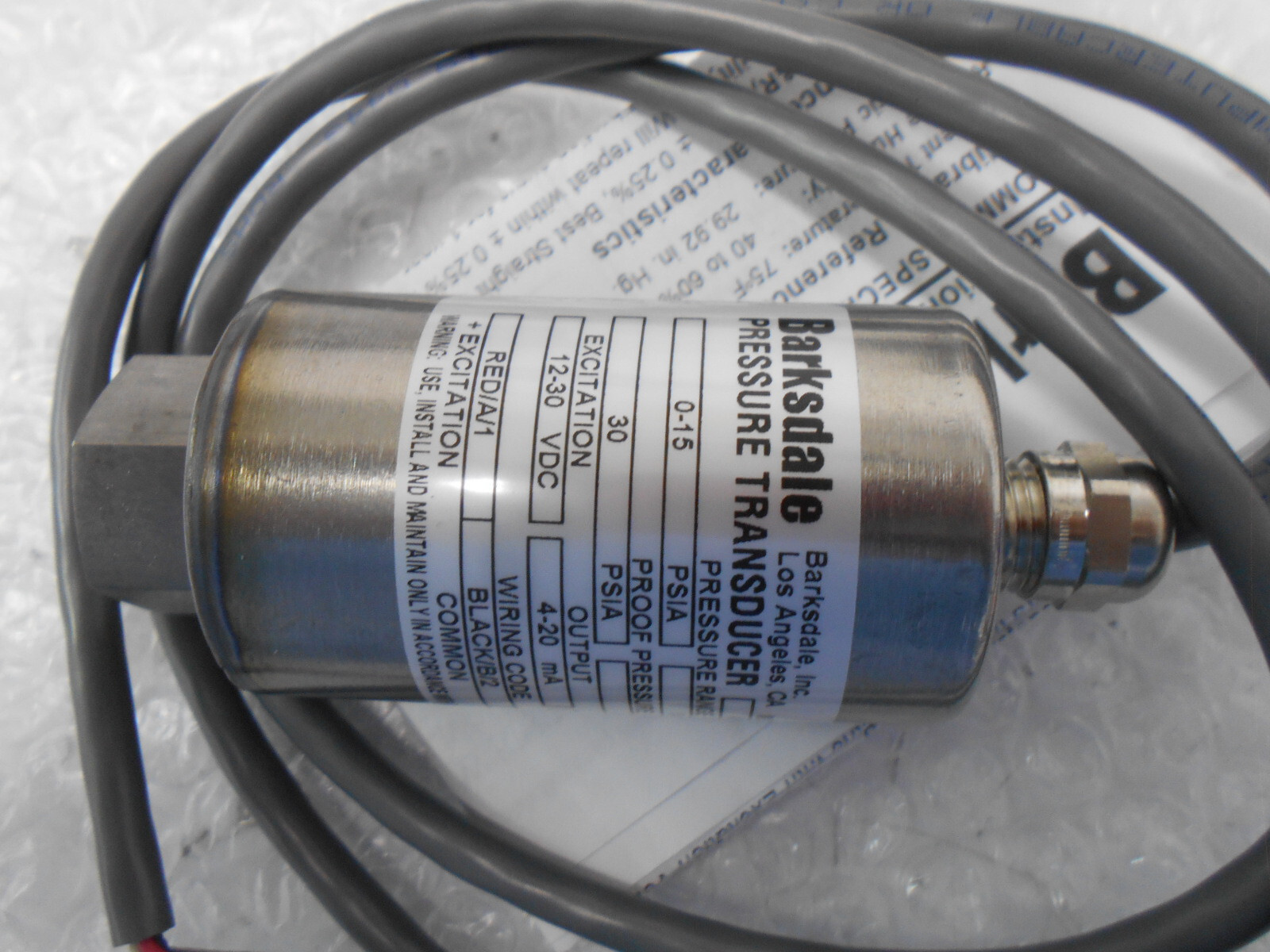 Barksdale 425H3-01-A-P1 0-15PSI 12-30 VDC 4/20mA Pressure Transducer