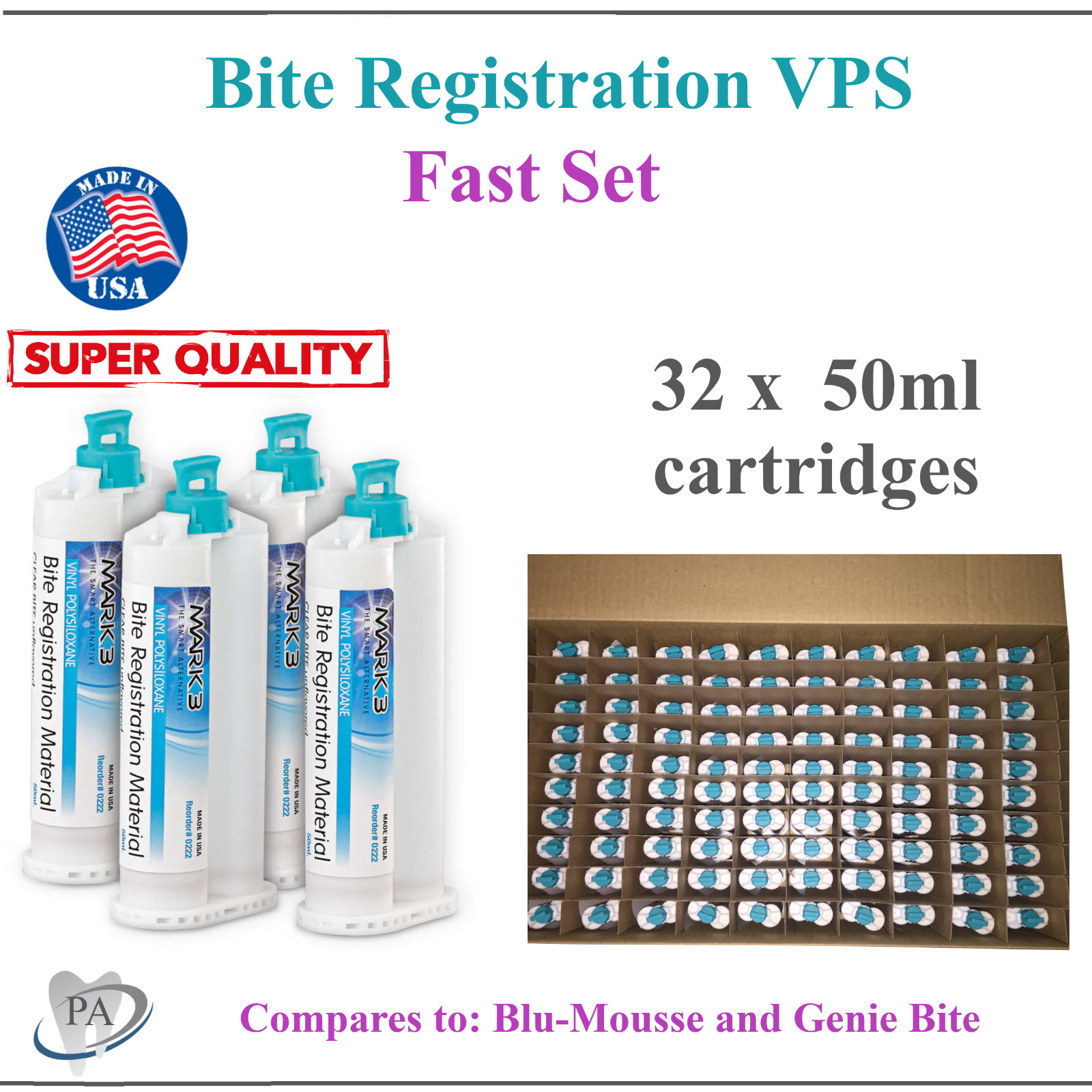 32 x 50ml Cartridges Dental VPS Bite Registration FAST SET, Made in USA, Mark3